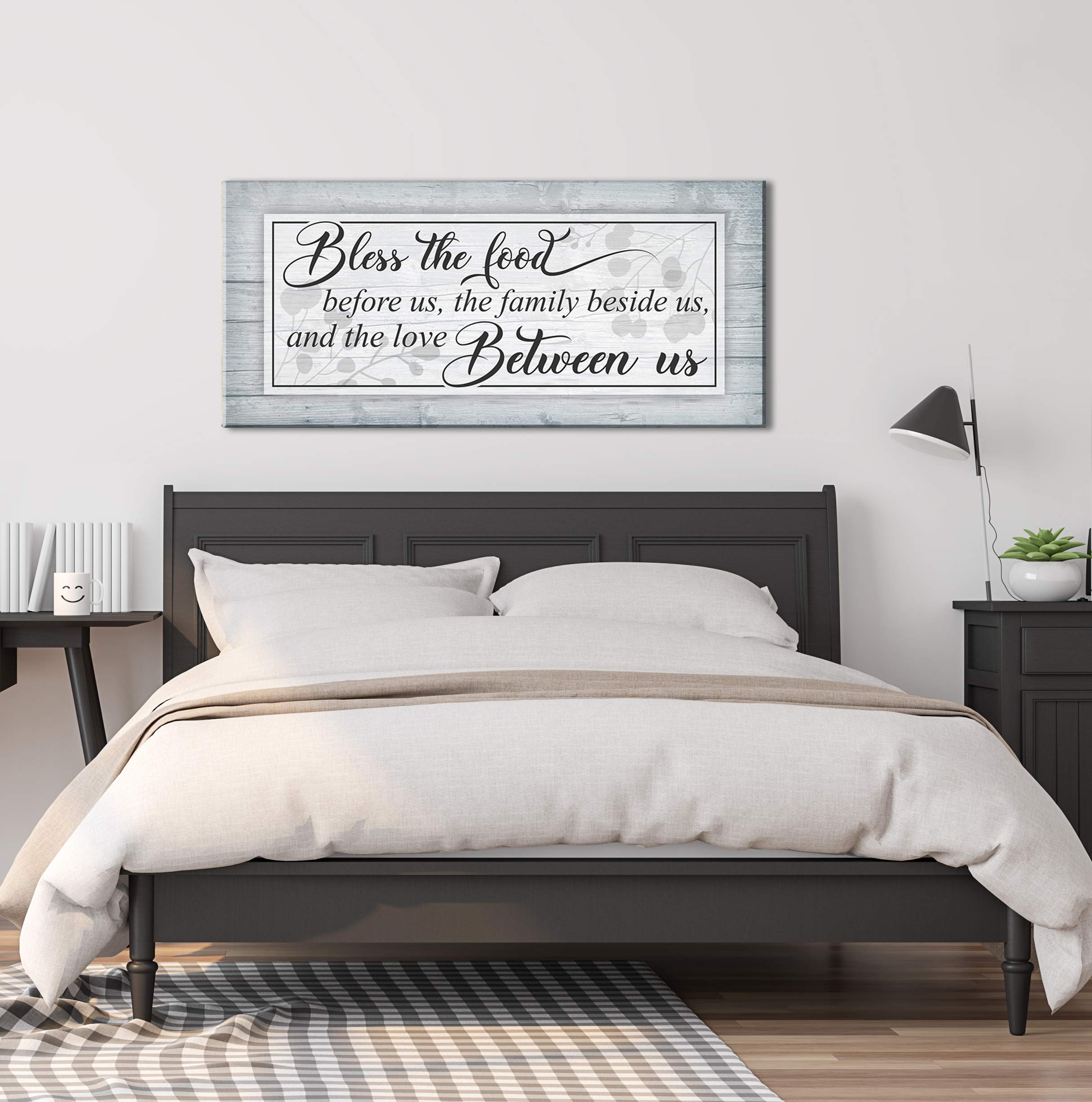 Bless The Food Sign - Christian Wall Decor for Dining Room & Kitchen - Large 42x19 Canvas Wall Art - Family Home Décor - Grey Farmhouse Style - Perfect for Thanksgiving & Holiday Gatherings