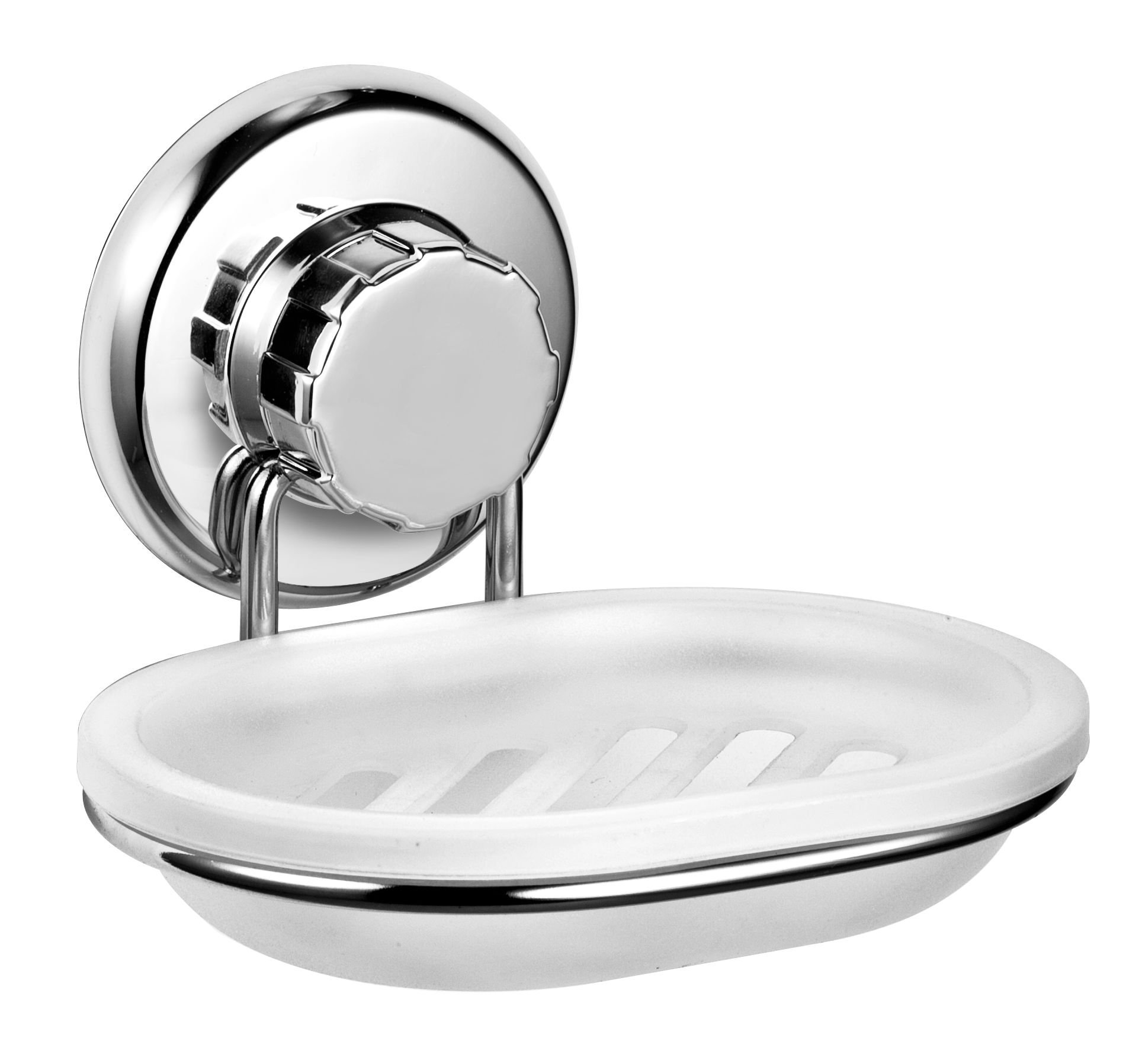 Hasko Stainless Steel Vacuum Suction Cup Soap Dish Holder - Strong Bathroom & Kitchen Sponge Caddy - Mounts on Any Smooth Surface (Chrome) - Perfect for Showers, Sinks, and Countertop Organization