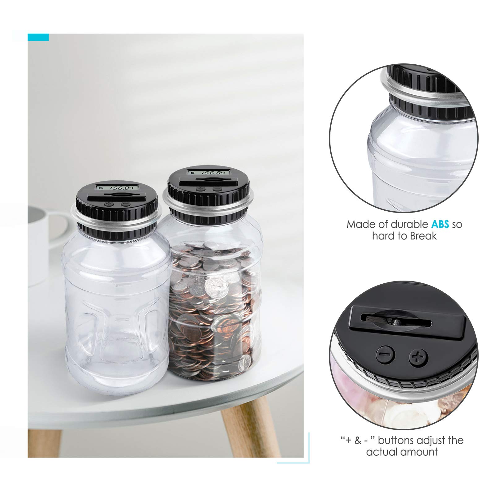 Vcertcpl Digital Coin Counting Piggy Bank with LCD Counter - 1.8L Large Capacity Money Jar for Boys & Adults - Compatible with All US Coins (Silver) - Perfect for Saving, Budgeting & Gift Giving