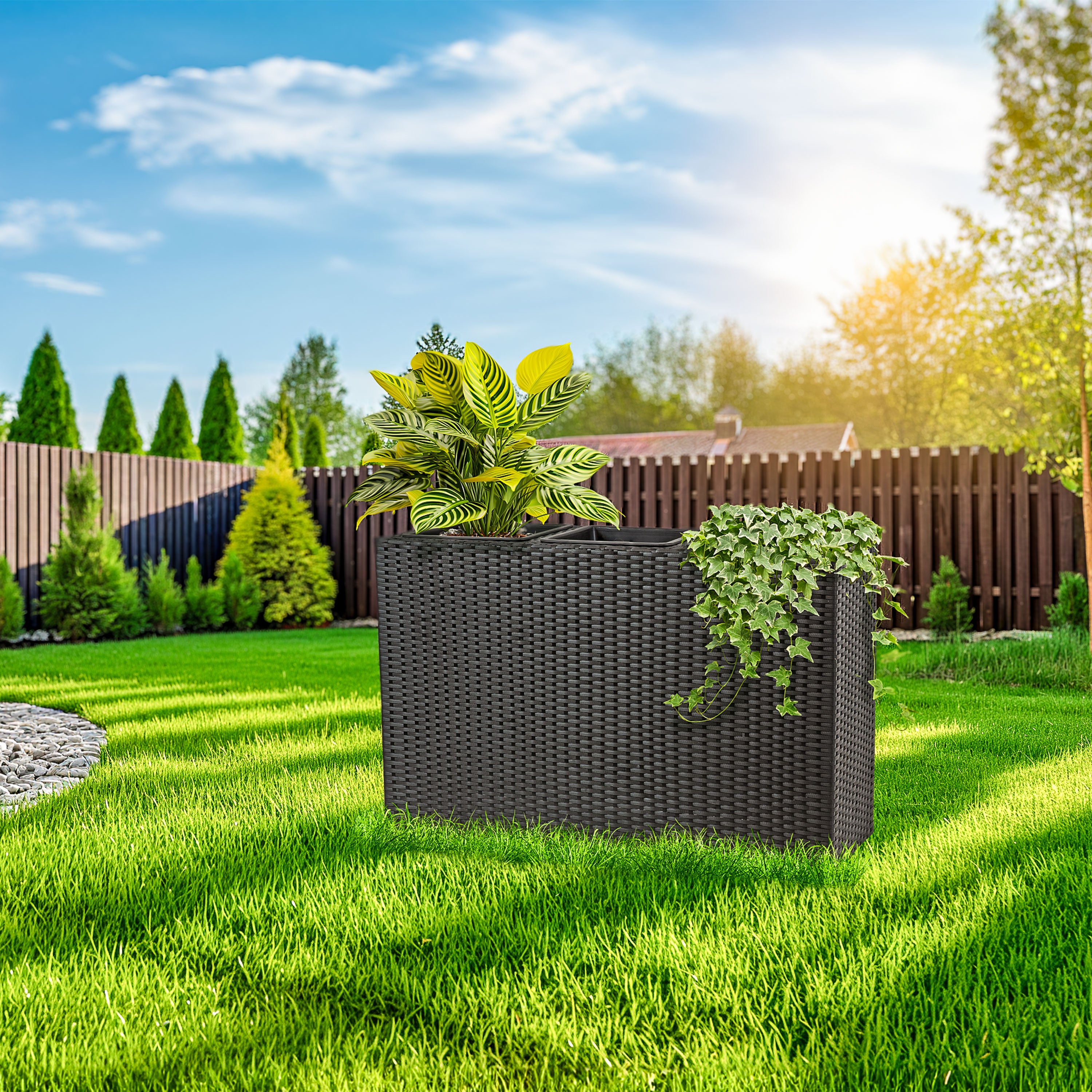 Sunnydaze 3-Section Black Wicker Planter Box for Indoor Outdoor Garden, Patio, Balcony Decor - Perfect for Flowers, Herbs, and Plants
