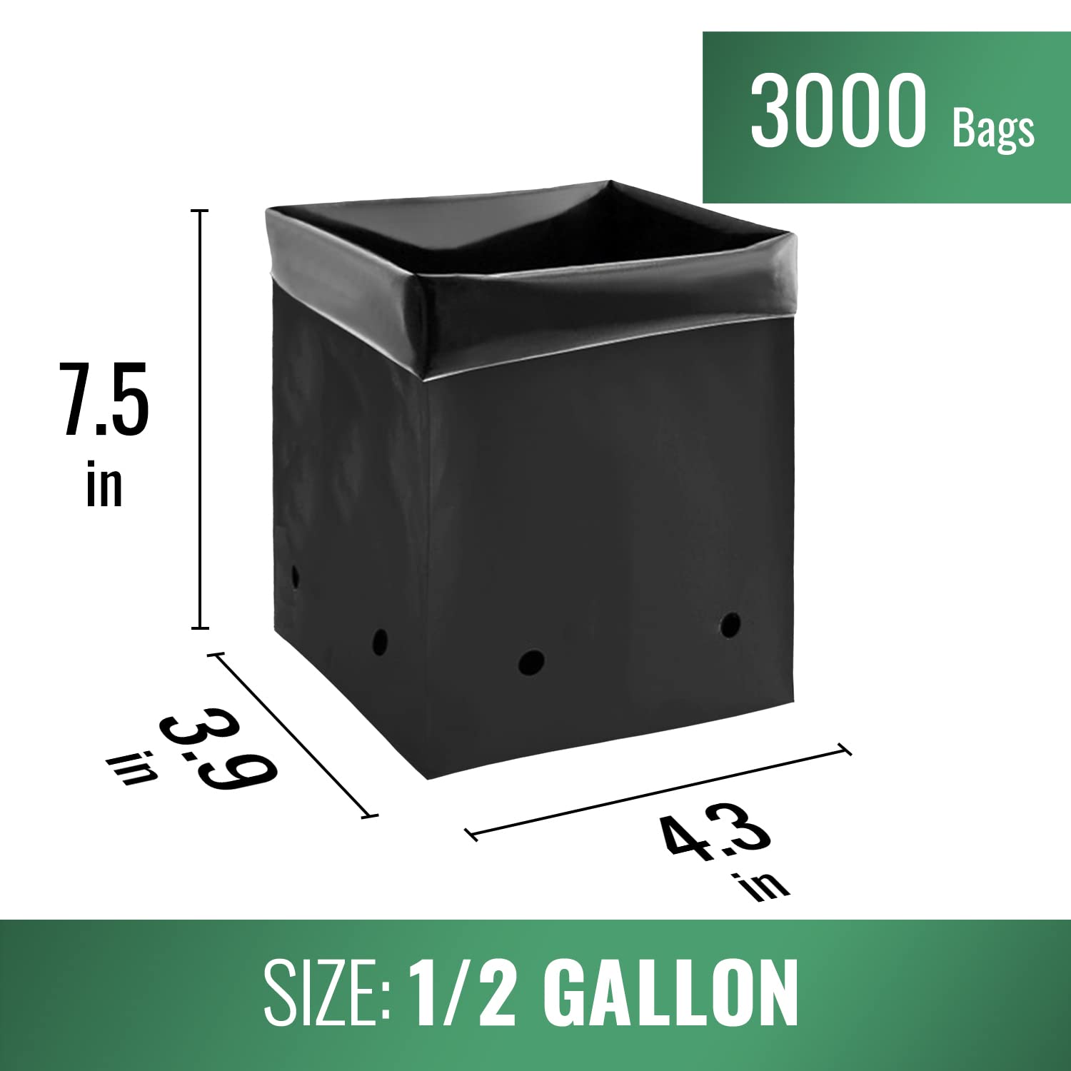 Grow1 Plastic PE Grow Bags for Plants - All Black (1/2 Gallon, 3000 Bags) - Perfect for Seedlings, Transplanting & Hydroponics | Durable Plant Containers for Gardening & Commercial Nursery Use
