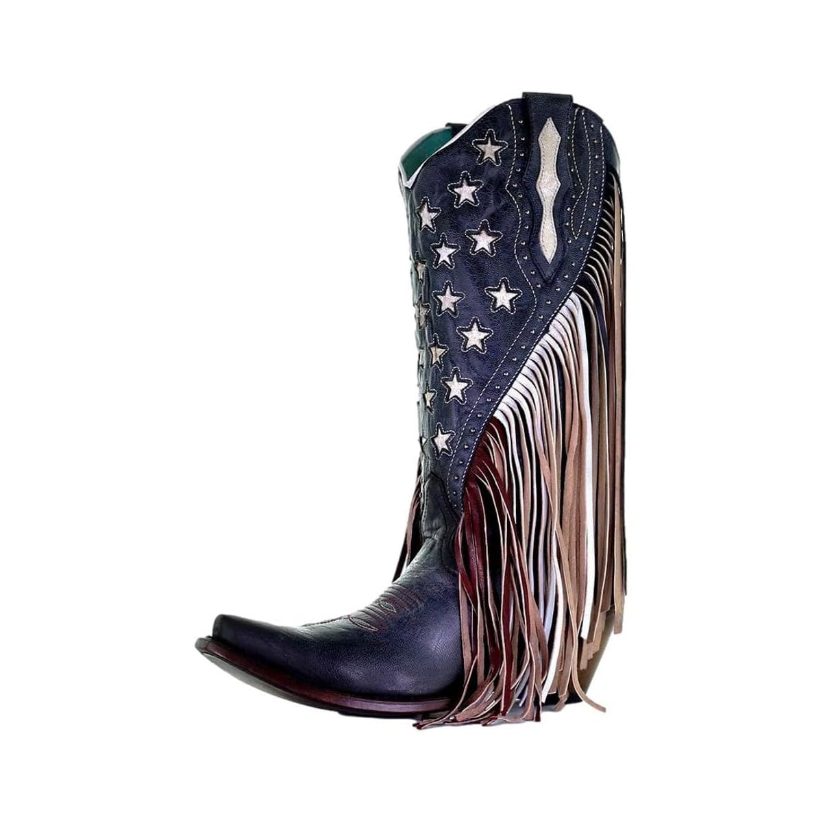 Women's Western Cowgirl Boots - Navy Blue Lamb Leather with Stars Inlay, Studs & Fringes | 13