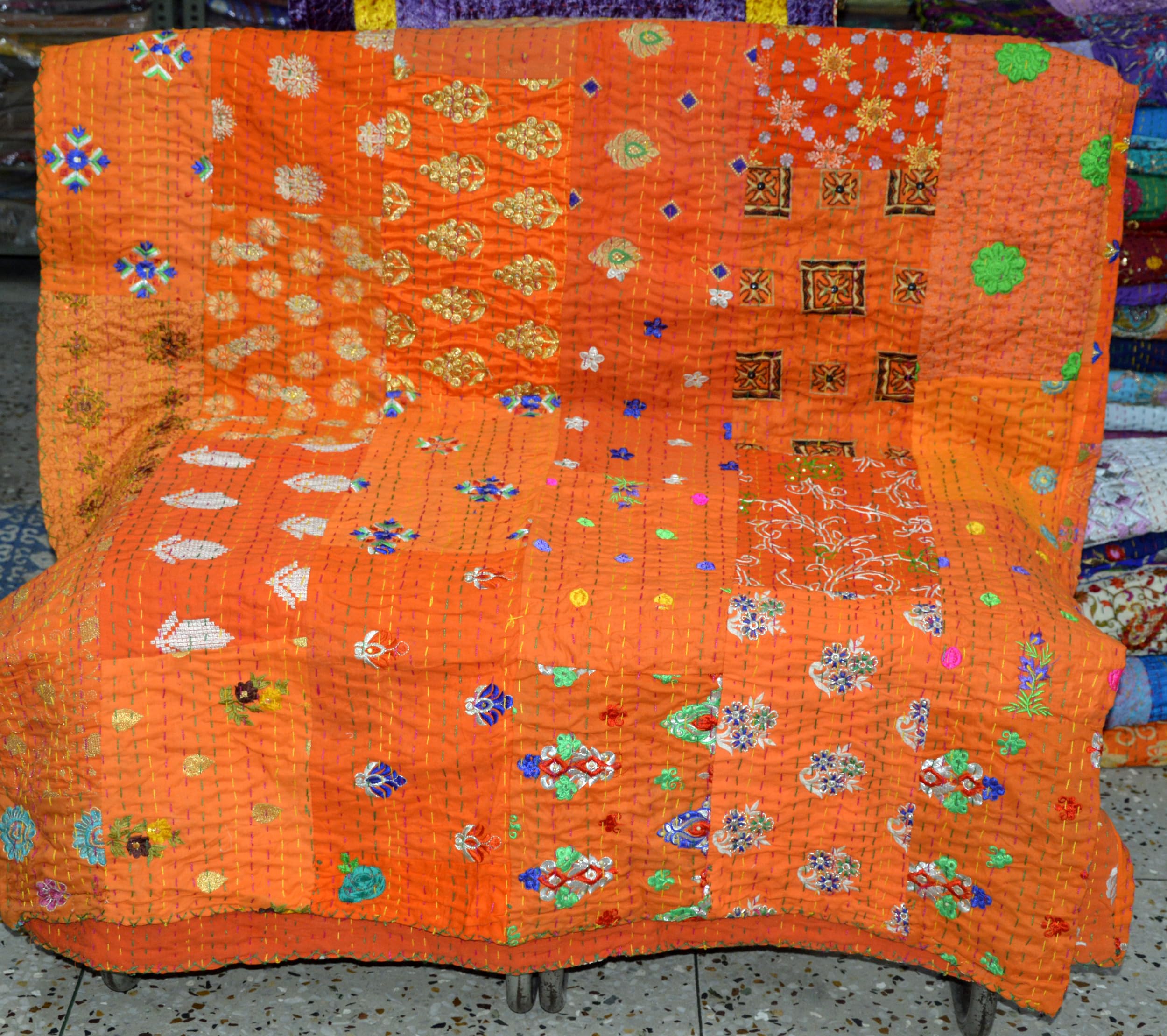 Marusthali Kantha Cotton Quilt - Handmade Indian Blanket with Sari Patchwork & Embroidery - Queen Size 90x108 Inch Bedspread, Throw, Coverlet - Orange with Sham Covers - Perfect for Boho Bedroom Decor, Guest Room Accent & Cozy Living Room Throw