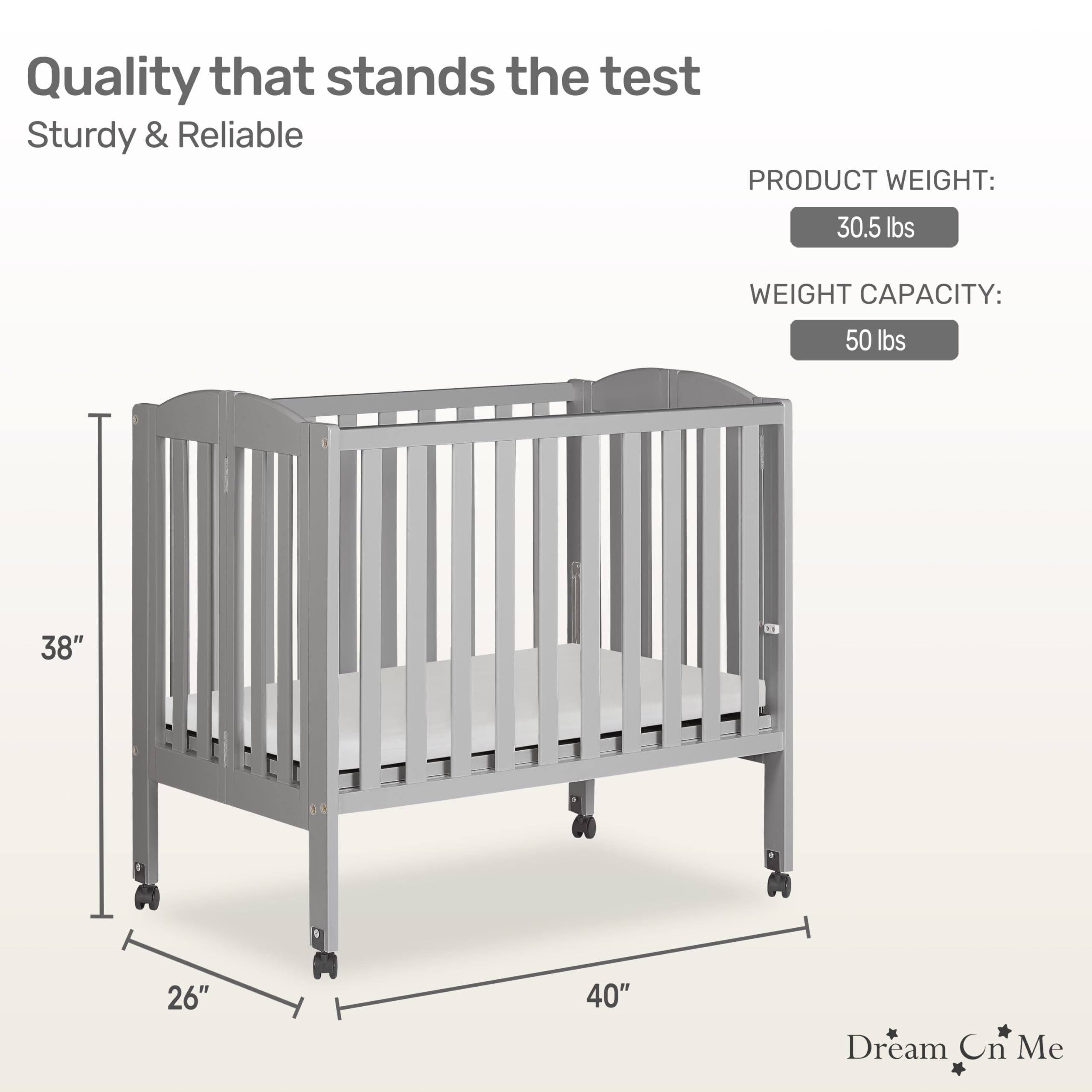 Dream On Me 2-in-1 Folding Portable Baby Crib - Cool Grey | GREENGUARD Gold Certified | Compact 40