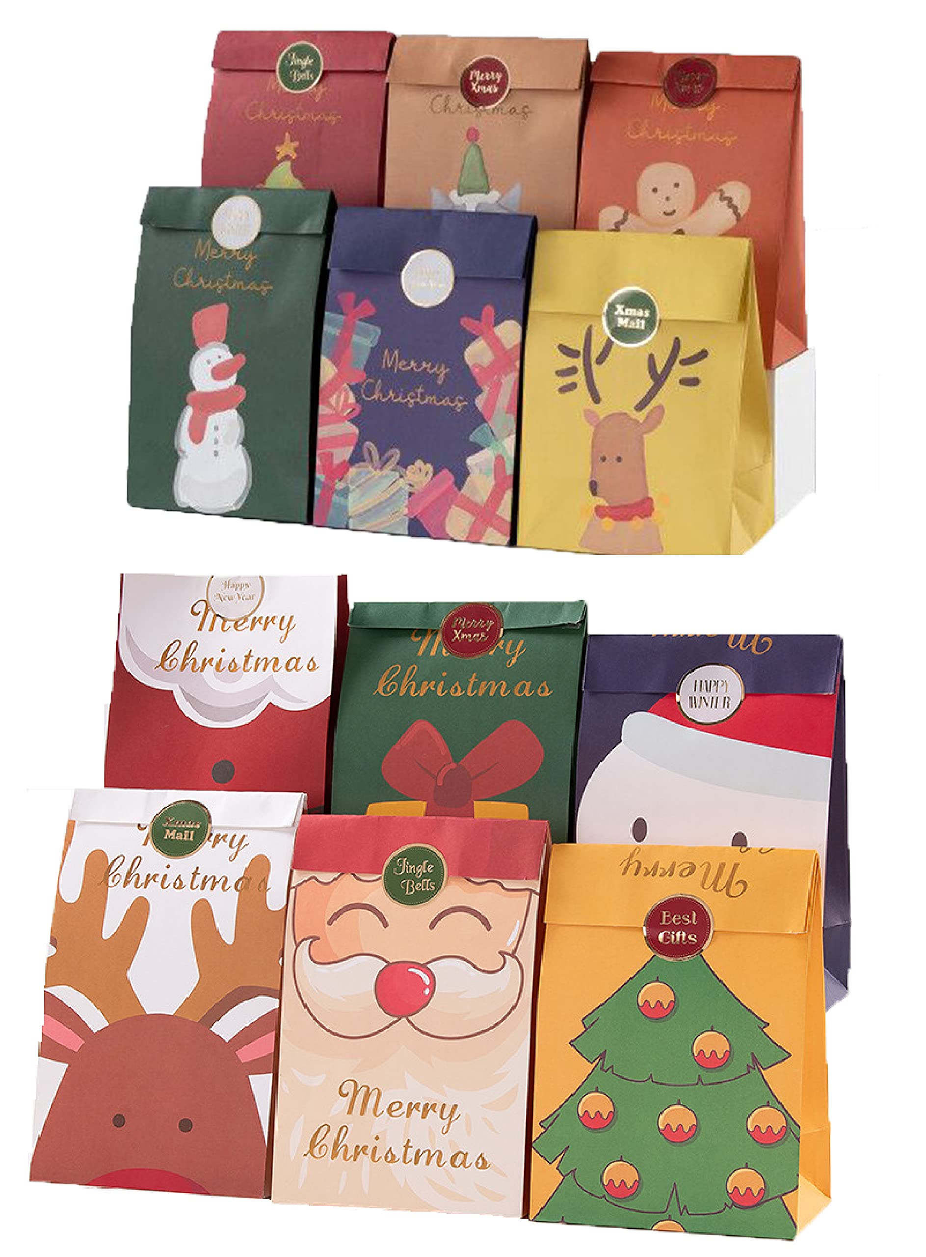 Premium 12-Pack Medium Christmas Gift Bags - Classic Kraft Holiday Treat Bags for Candy, Gifts & Party Favors (10.63