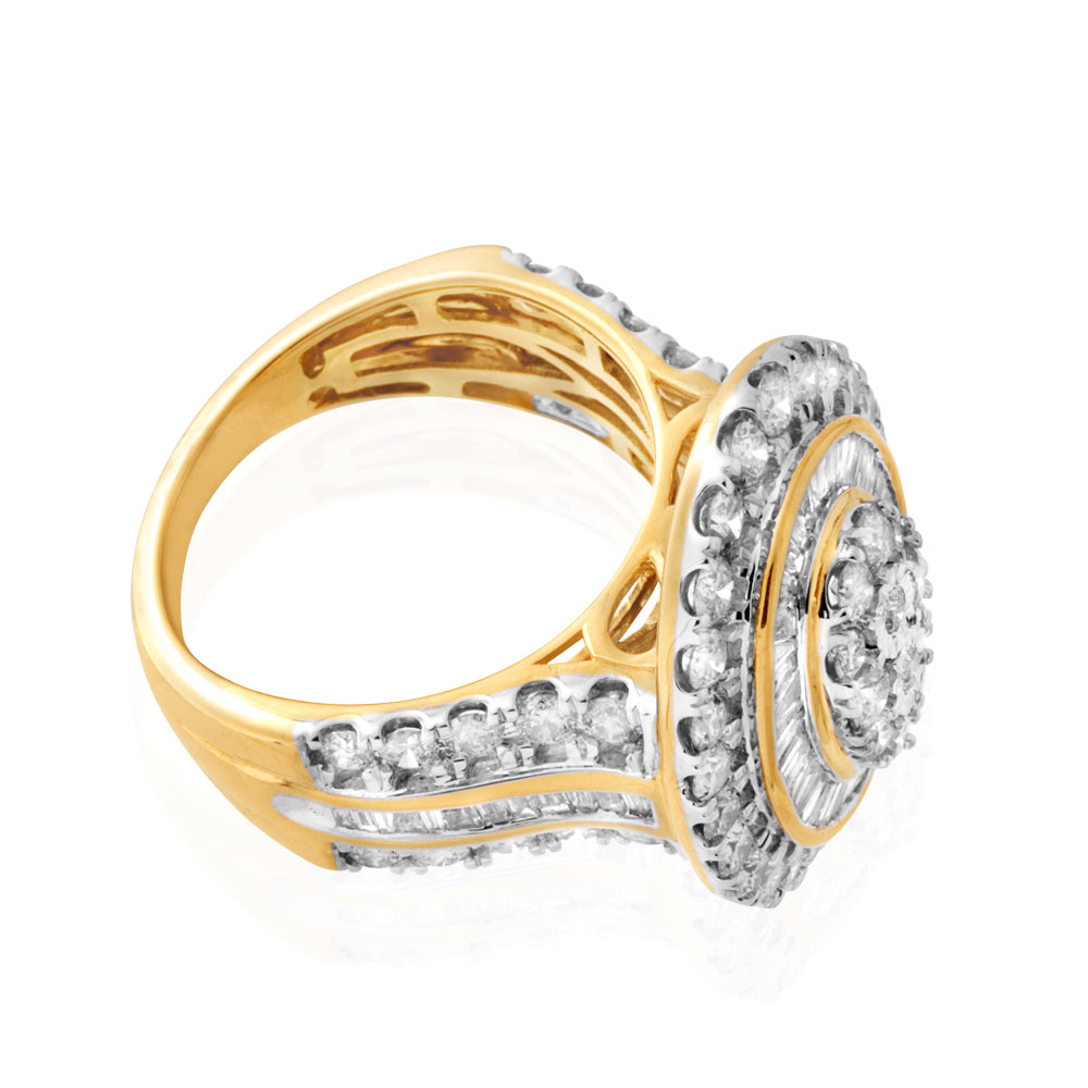 9ct Yellow Gold 3 Carat Oval Cluster Diamond Ring with Brilliant & Baguette Cut Diamonds - Elegant Engagement, Wedding & Anniversary Jewelry Gift for Women