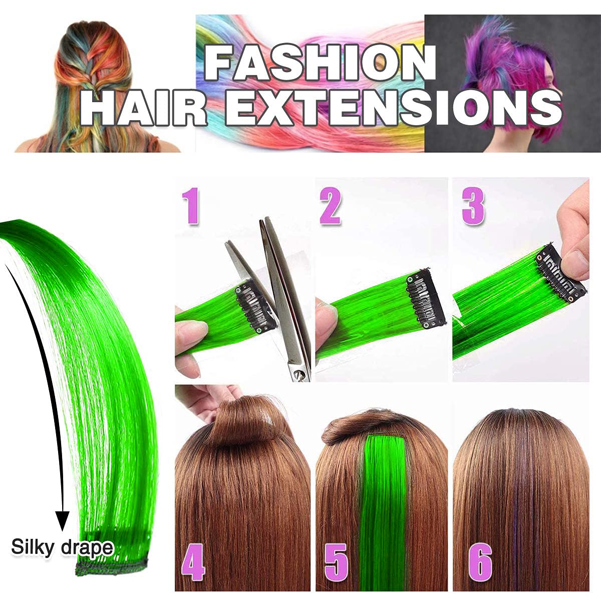 Rapidsflow® Straight Colored Hair Streak Extensions for Women & Girls - 4pc Set of Real Human Hair Highlights in Green - Perfect for Parties, Cosplay & Fashion Styling