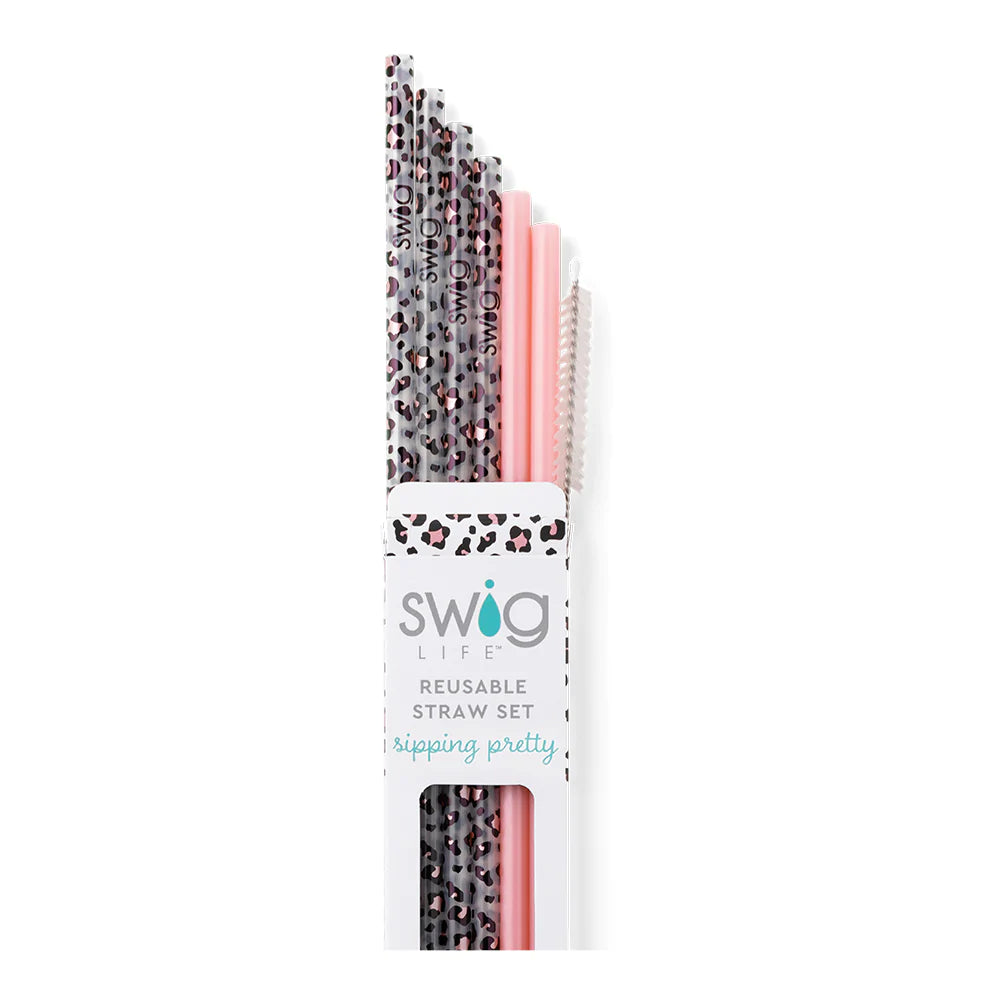 Luxy Leopard & Blush Reusable Stainless Steel Straw Set - Eco-Friendly Drinking Straws for Smoothies, Iced Coffee & Cocktails at Home or On The Go