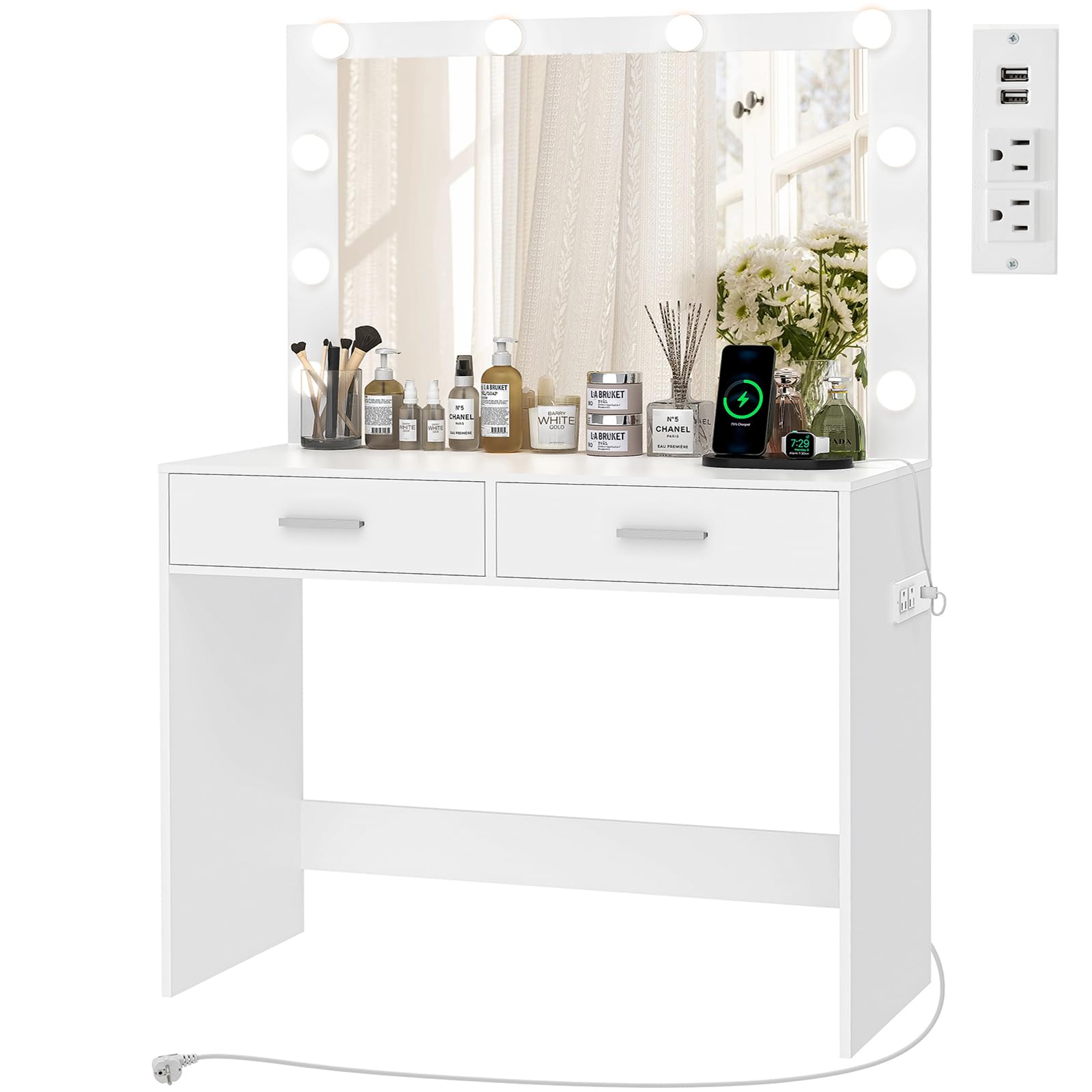 USIKEY White Makeup Vanity Desk with Large LED Lighted Mirror - 10 Lights, 2 Storage Drawers & Built-in Power Strip - Dressing Table for Women & Girls - Perfect for Bedroom, Home Decor & Beauty Routine