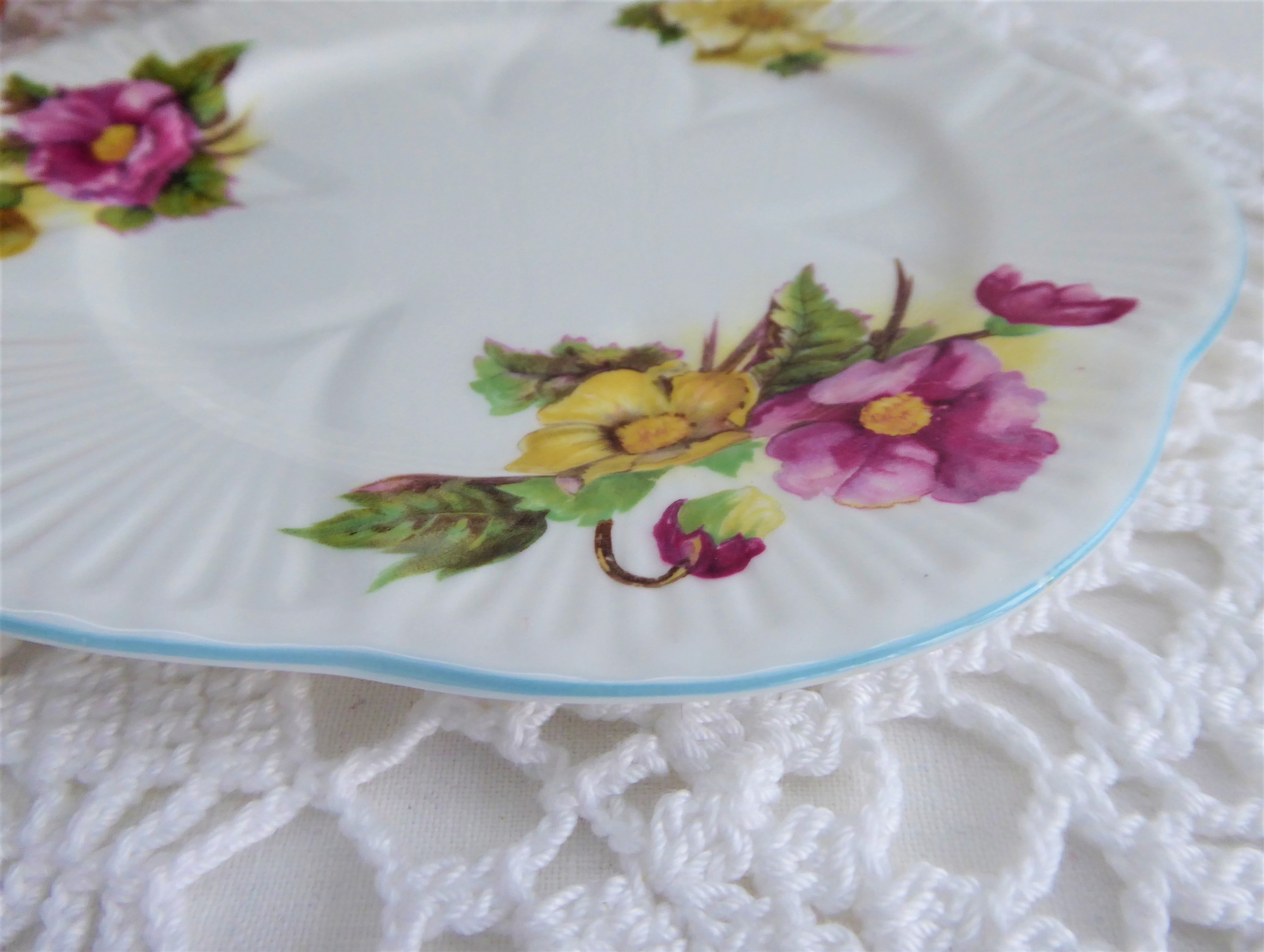 Vintage Shelley Dainty Begonia 6-Inch Bread & Tea Plates Set of 2 - 1950s Bone China for Afternoon Tea, Dessert Serving, and Elegant Table Setting