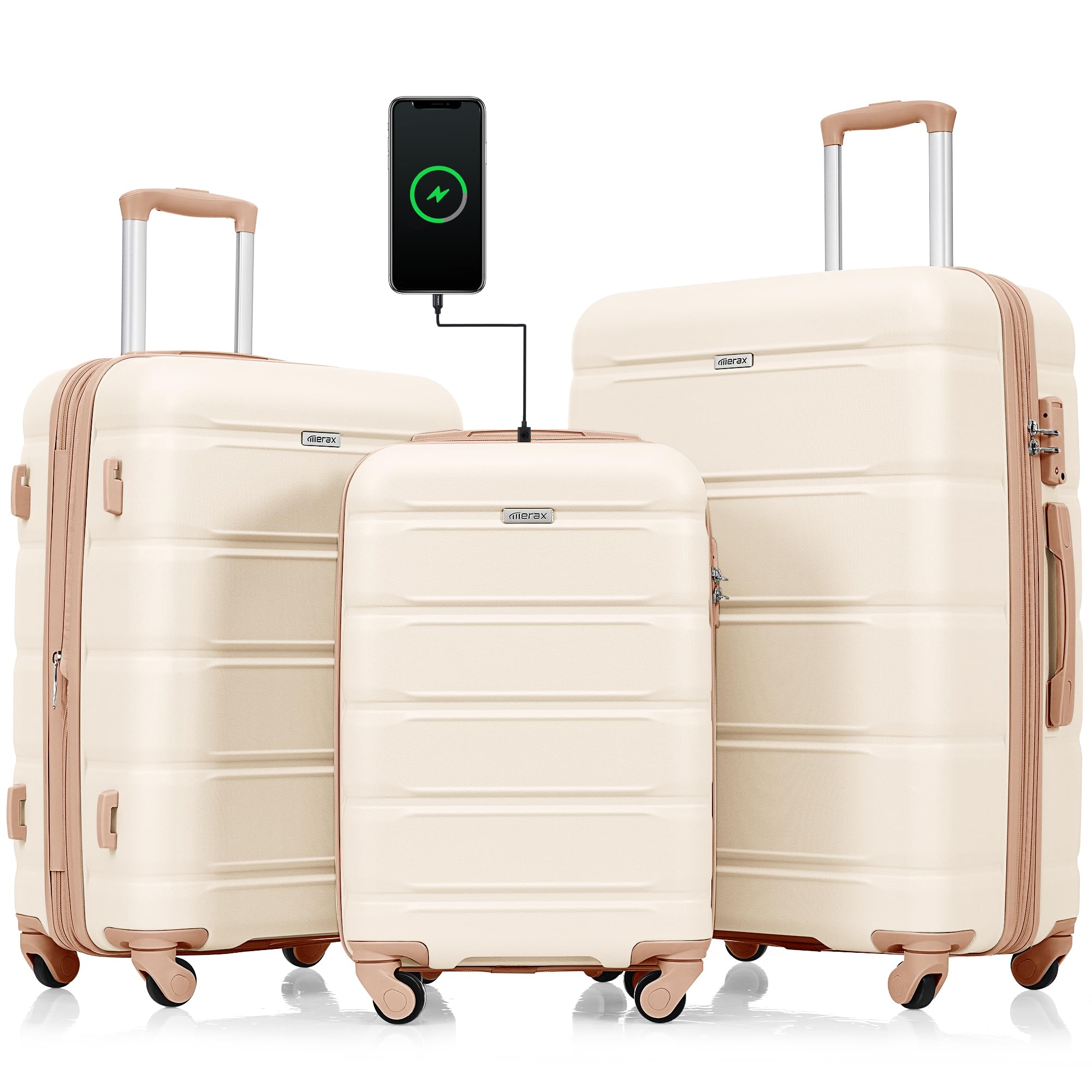 Merax Expandable Hardside Luggage Set with 360° Spinner Wheels - 3-Piece Suitcase (20/24/28 Inch) in Ivory Horizontal Stripe - Perfect for Air Travel, Business Trips & Family Vacations