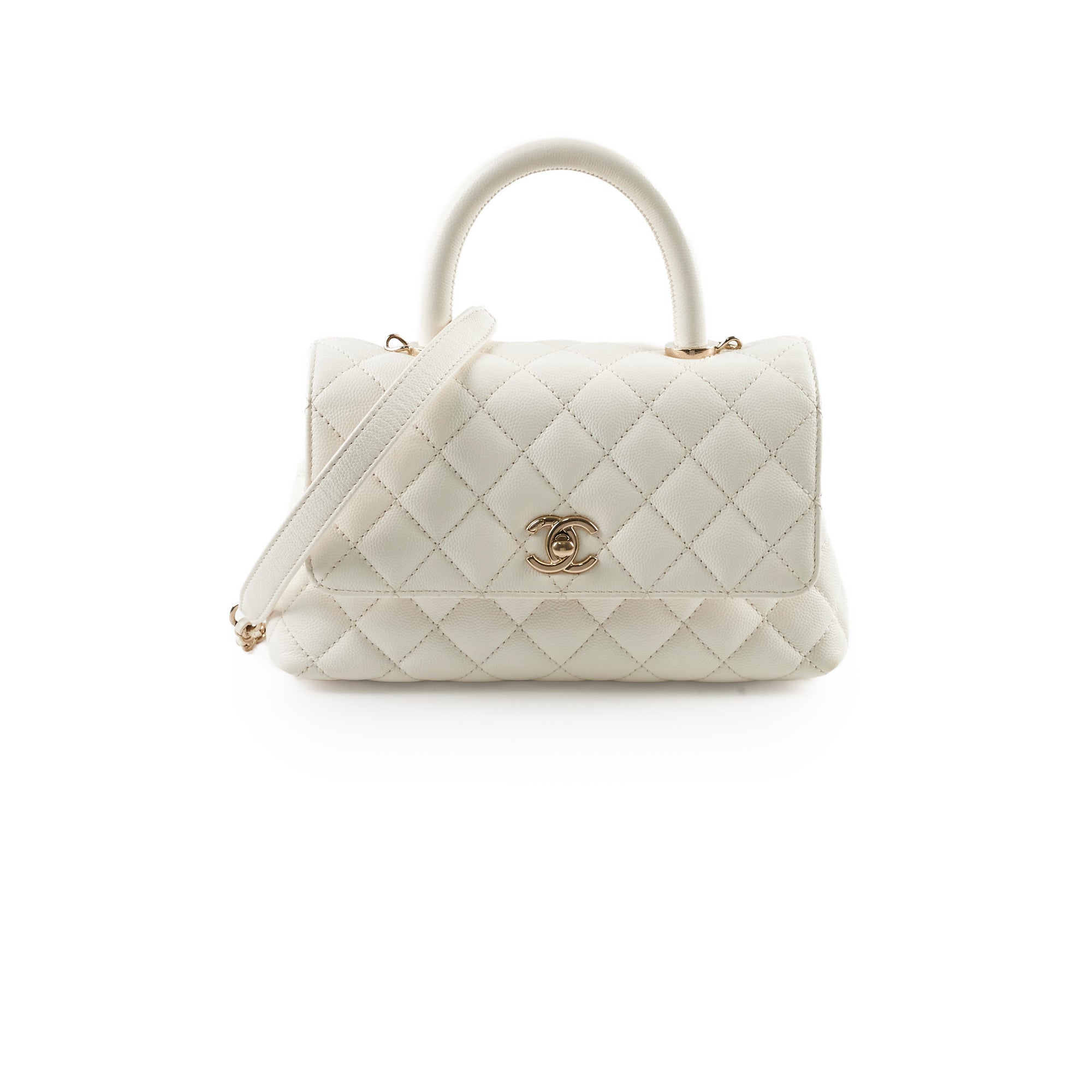 Chanel Small Coco Handle Bag in Caviar Leather with Gold Hardware - White Luxury Crossbody Purse for Women, Perfect for Date Night & Special Occasions
