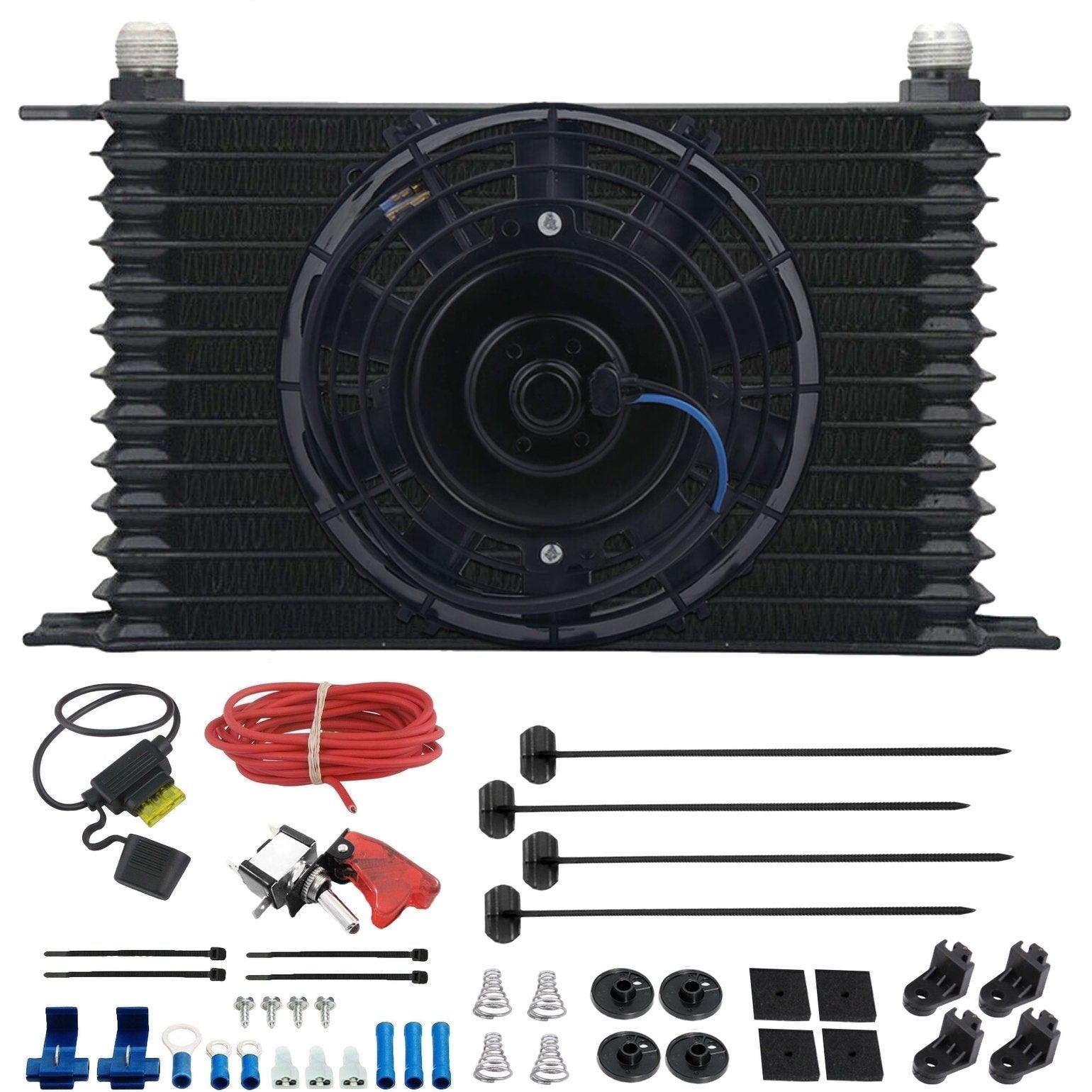 13 Row Engine Transmission Oil Cooler with Electric Fan & Toggle Switch Wiring Kit - Heavy Duty Cooling Solution for Trucks, RVs & Performance Vehicles