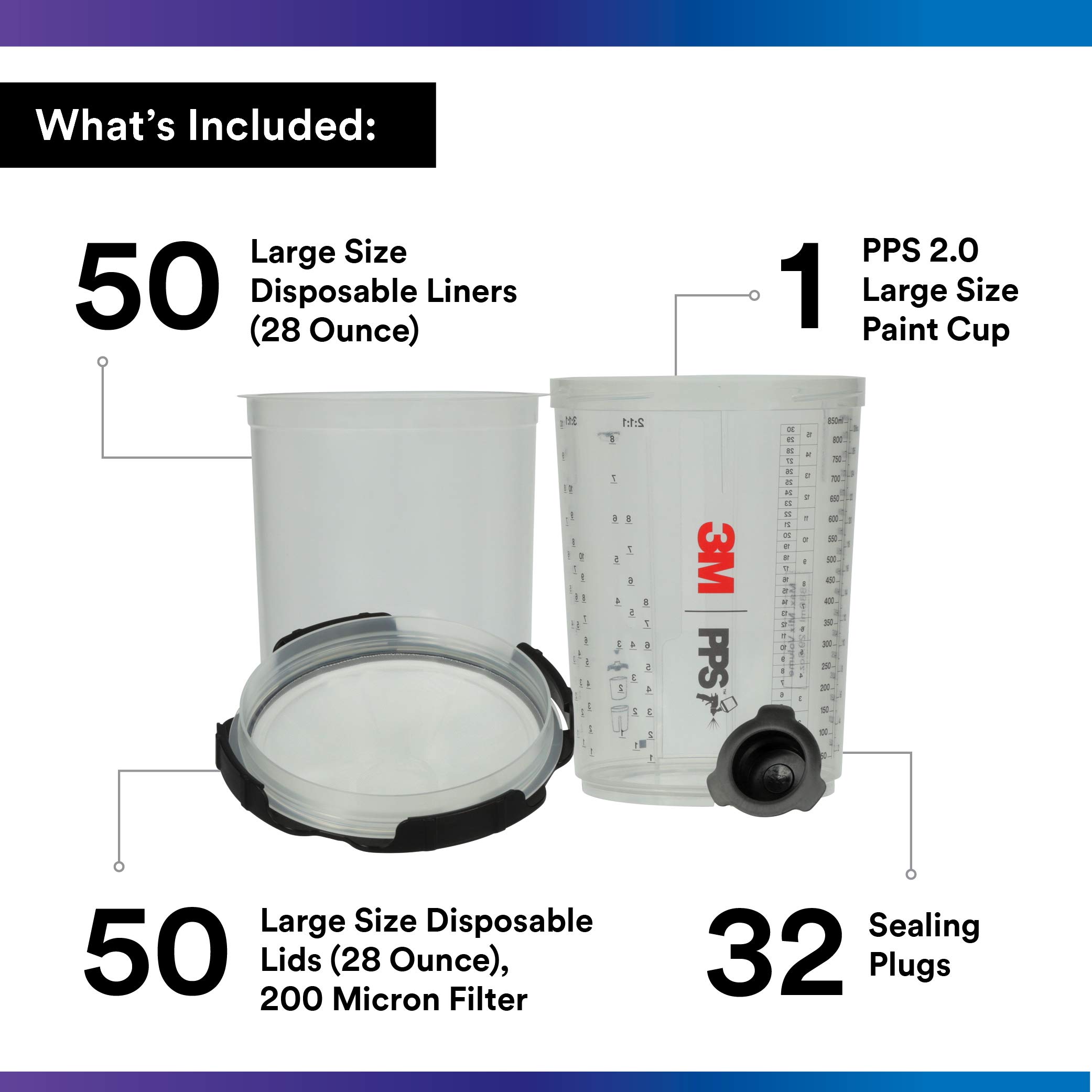 3M PPS 2.0 Spray Gun Cup System Kit - Large 28oz with 200-Micron Filter, Includes 1 Paint Cup, 50 Disposable Lids & Liners, 32 Sealing Plugs (26024) - Perfect for Automotive Painting, Furniture Refinishing & Home DIY Projects
