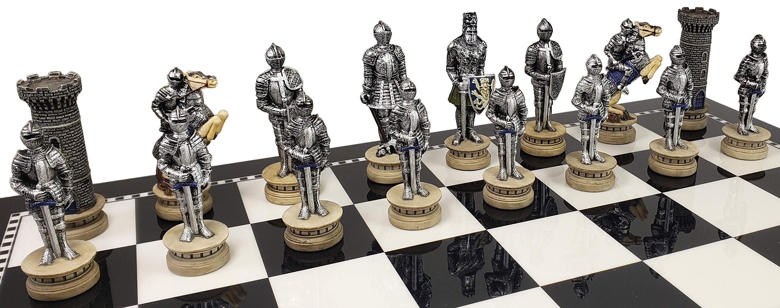 Medieval Crusades Gold & Silver Armored Knights Chess Set - 17 Inch Black & White Storage Board - Perfect for Collectors, Home Decor & Strategy Game Lovers
