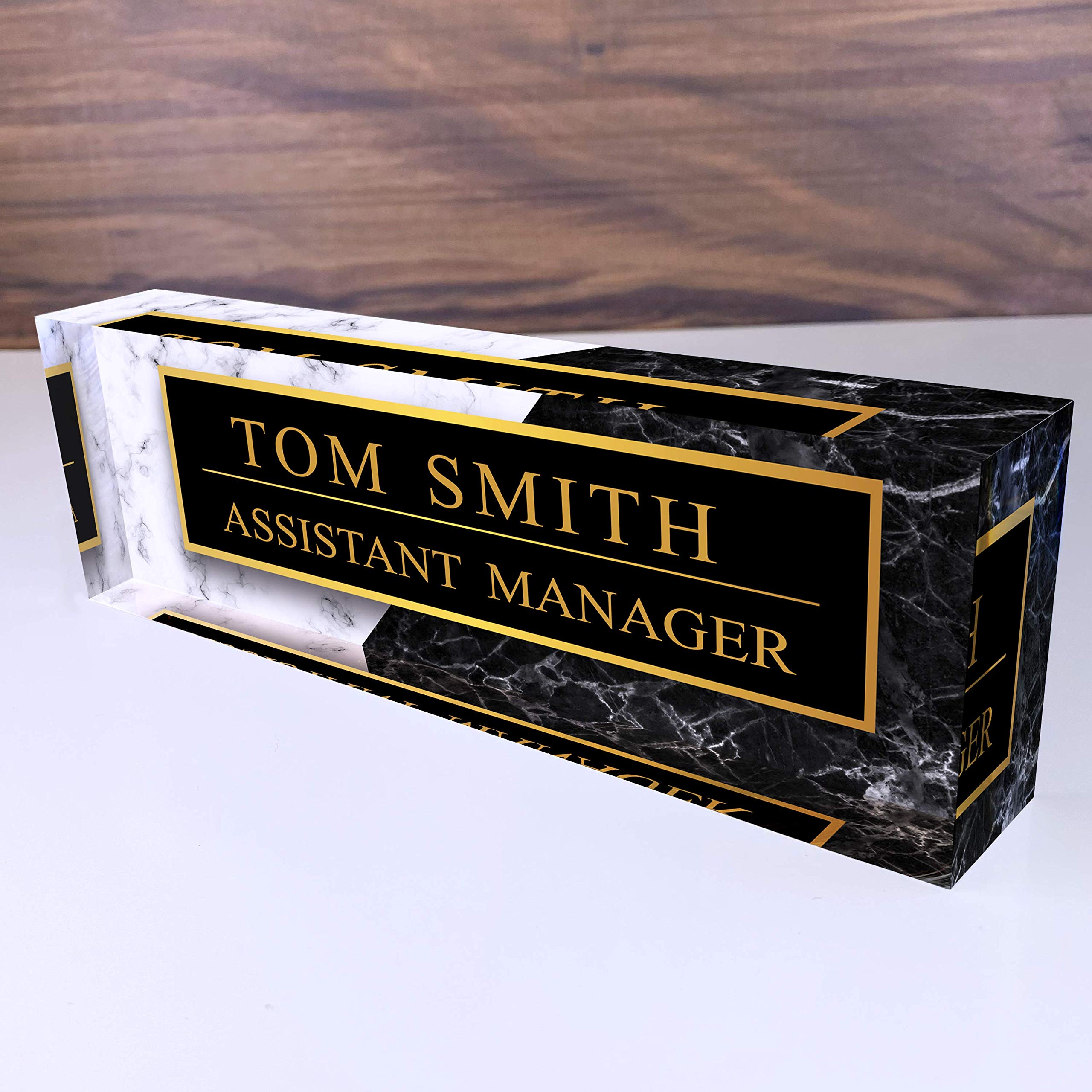 Personalized Black & White Marble Acrylic Office Desk Name Plate - Custom Engraved Name Sign for Desk Decor (8