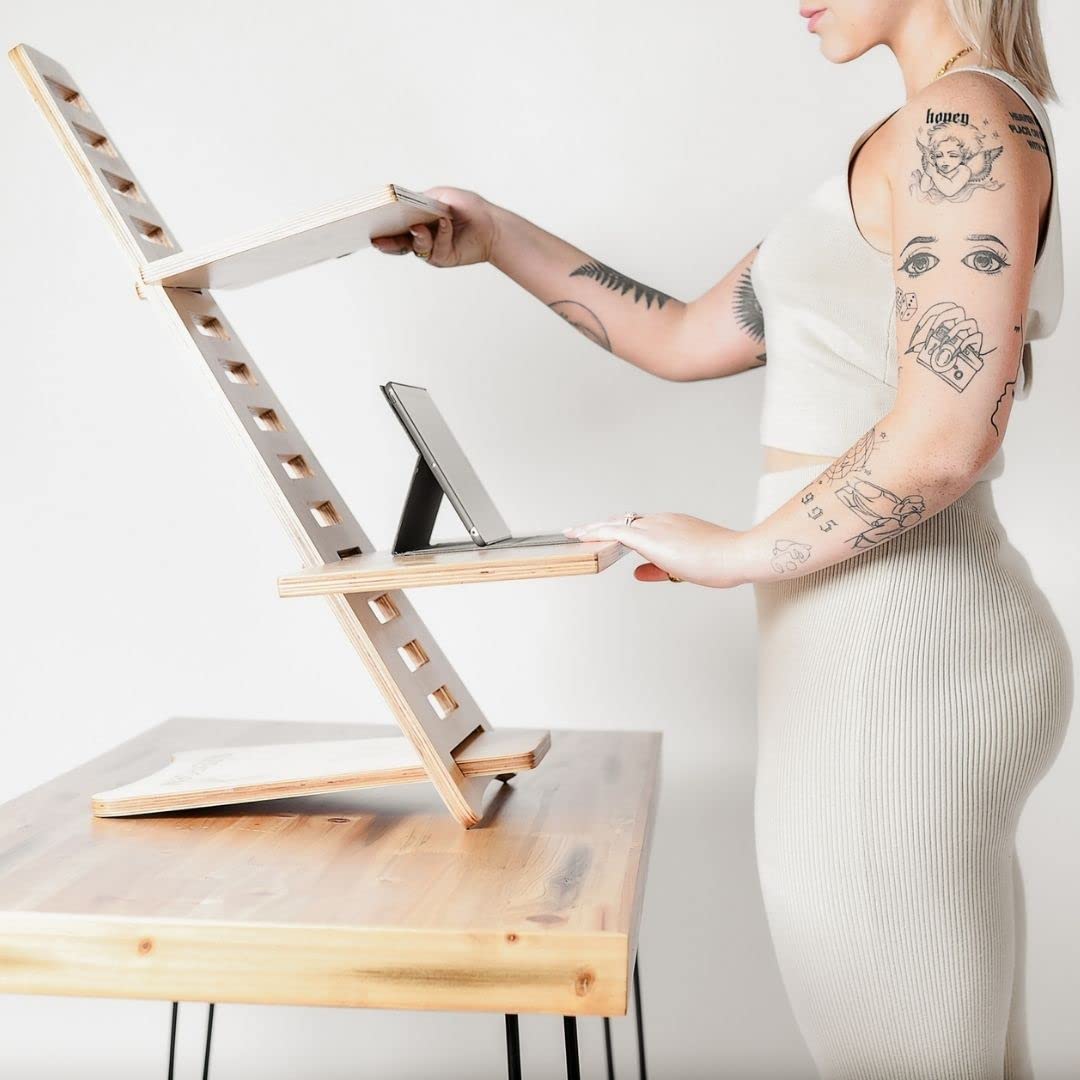 Sleekform Adjustable Standing Desk Converter - Ergonomic Laptop Riser & Height-Adjustable Workstation for Home Office (Wood Table Top) | Perfect for Remote Work, Gaming & Study Setup