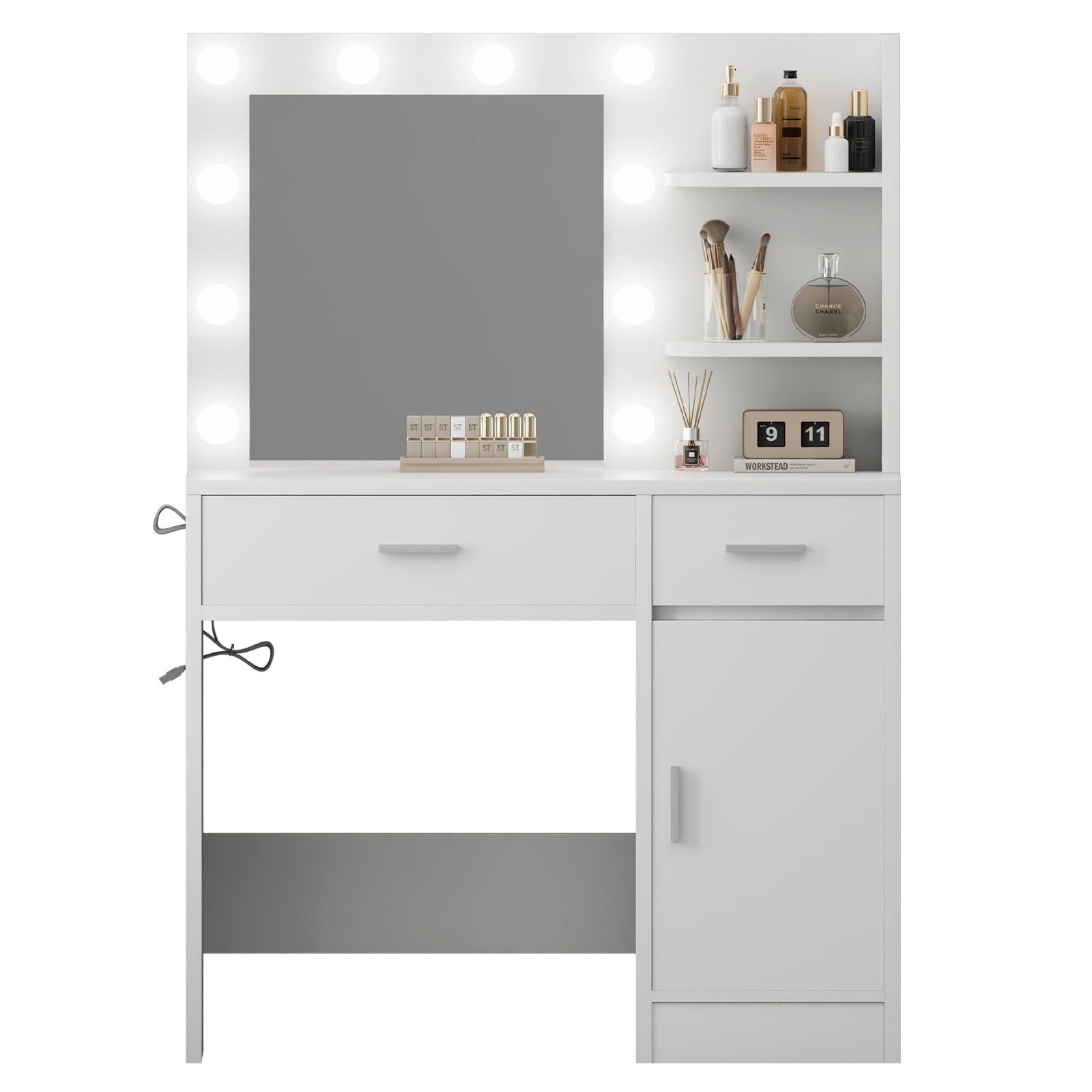 Vanity Desk with Mirror and LED Lights - Makeup Vanity Table with Drawers, Storage Shelves & Cabinet - 3 Adjustable Lighting Modes - White Dressing Table for Bedroom - Perfect for Makeup Application, Skincare Routine & Home Beauty Station