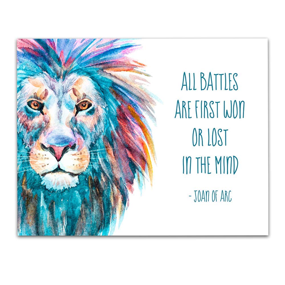 TJ Originals - 'All Battles Are First Won or Lost in the Mind' Joan of Arc Christian Bible Quote Wall Art Print - 11x14 Inspirational Scripture Decor for Home, Office & Church - Motivational Gift for Family & Friends (Brave Lion Design)