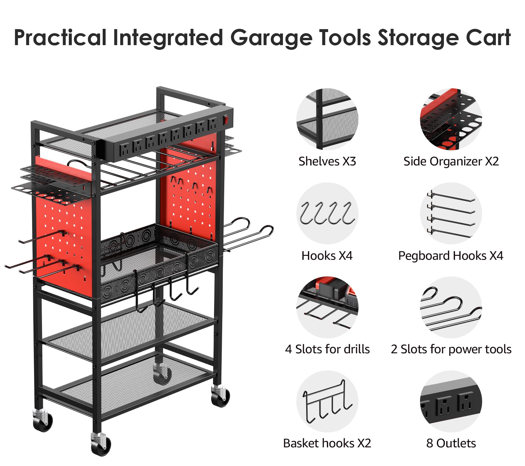 CCCEI Heavy-Duty Rolling Tool Cart with Charging Station - Mobile Garage Storage Organizer for Power Tools, Drills & Batteries - Utility Cart with Power Strip & Wheels for Mechanics & DIY Projects - Perfect for Workshop, Garage & Job Site Organization (Red)