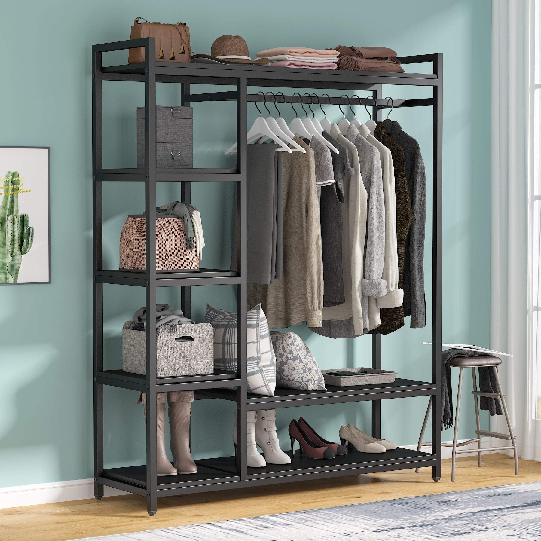 Tribesigns Freestanding Closet Organizer with 6 Storage Shelves & Hanging Bar - Large Standing Garment Rack for Bedroom, Closet & Laundry Room Organization (Black)