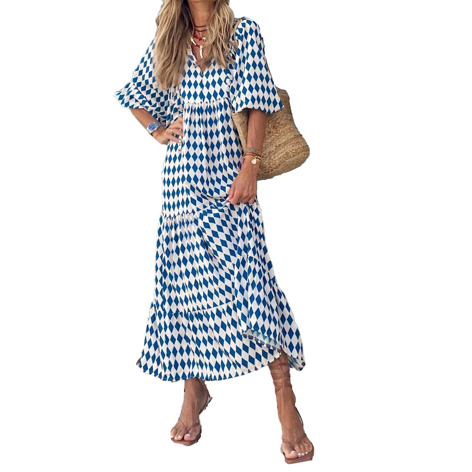 NUFIWI Women's Summer Boho Floral Print V-Neck Maxi Dress with Puff Sleeves - Smocked Waist Tiered Flare Sundress for Beach, Vacation & Casual Outings