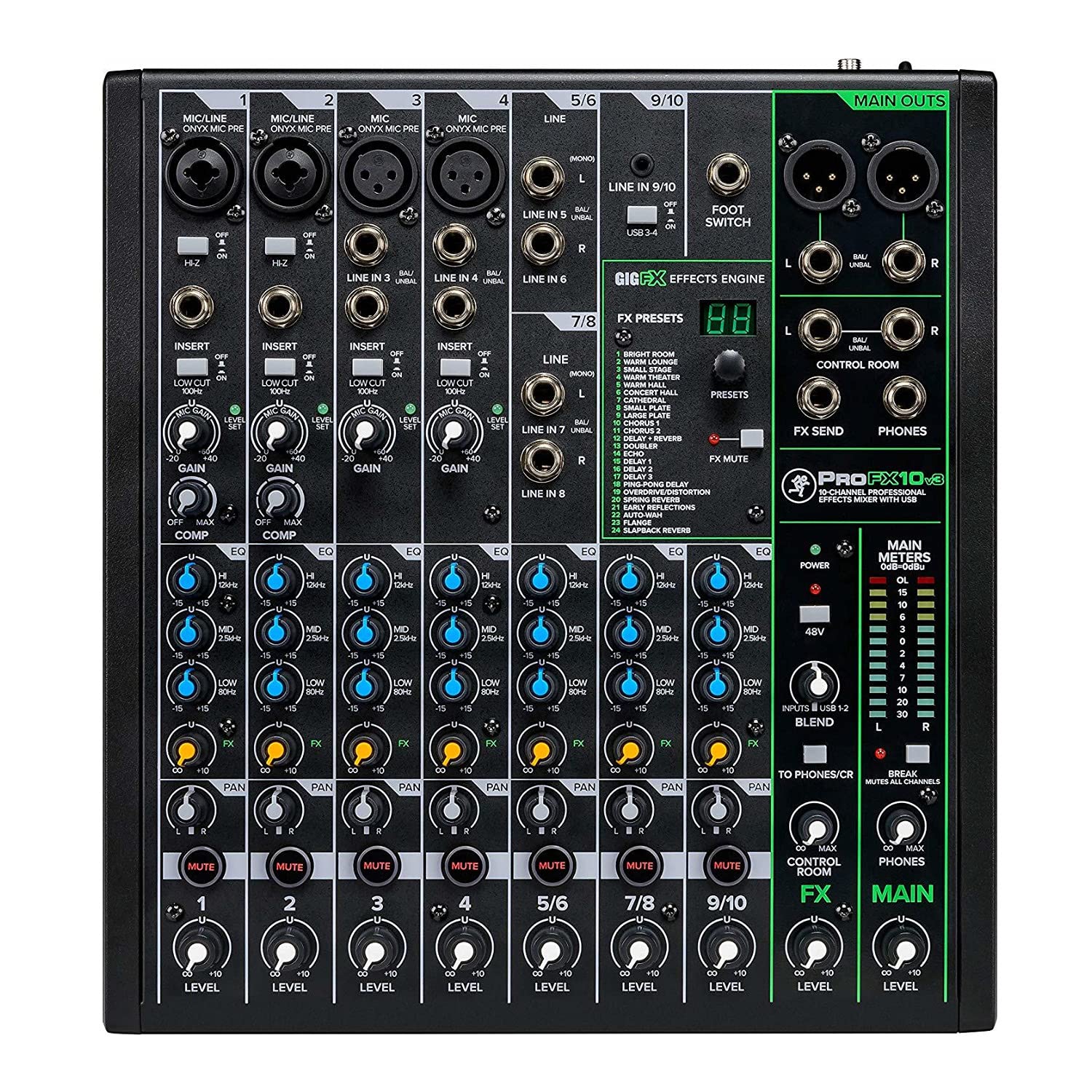Mackie ProFX10v3 10-Channel USB Mixer with Effects - Unpowered Audio Mixer Bundle with TX-100 Studio Headphones, TRS & XLR Cables (6-Piece Set) for Live Sound, Podcasting & Home Recording