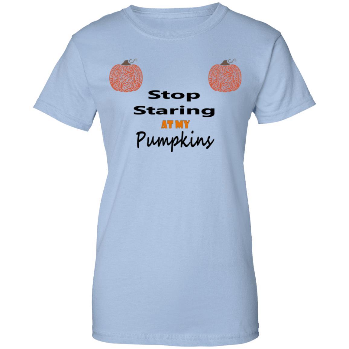 Stop Staring At My Pumpkins Women's 100% Cotton Graphic T-Shirt - Funny Fall Halloween Tee for Pumpkin Patch & Autumn Outings