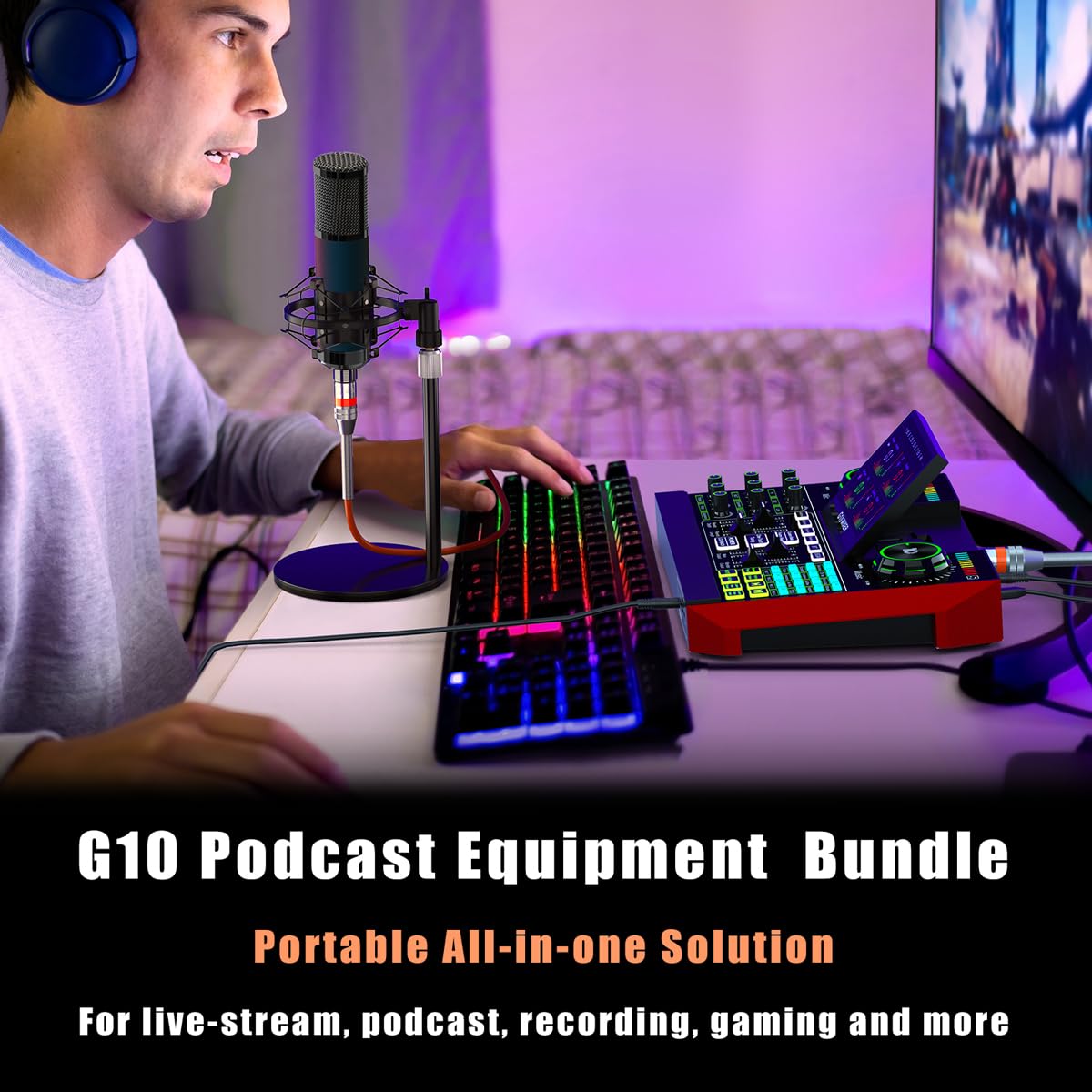 Professional Podcast Equipment Bundle - P18 Condenser Microphone & G10 Audio Interface with Live Sound Card, Voice Changer & Mixer for PC Recording, Gaming, Live Streaming (G10-P18) | Perfect for Home Studios, Twitch Streamers & YouTube Content Creators