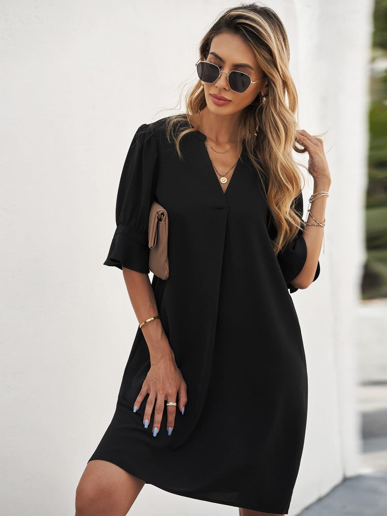 KOLANDA Women's Summer Short Dress 2022 - Flounce Sleeve Tunic with Notched Neck, Cute Mini Party & Beach Dress for Casual Outings, Date Nights, Vacations and Poolside Relaxation