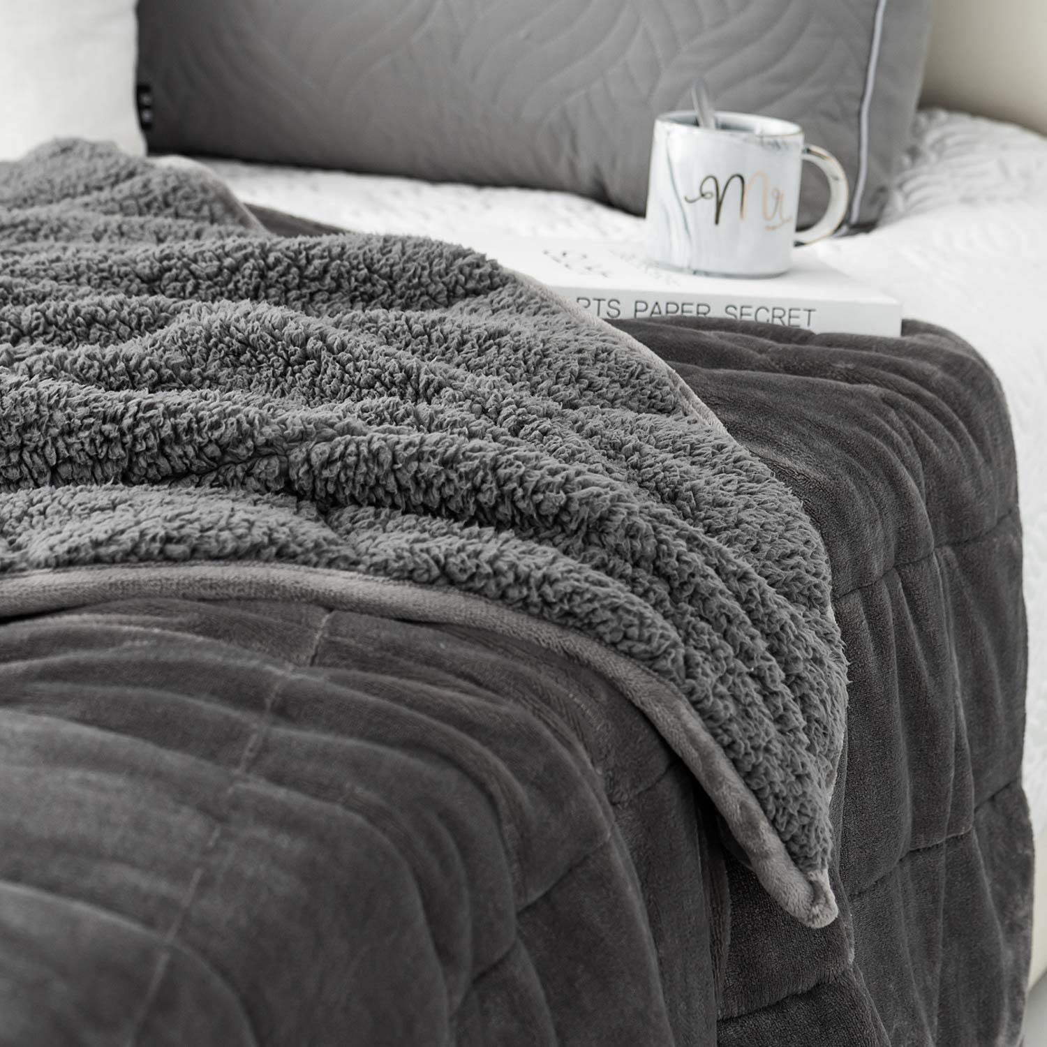 Wemore Sherpa Fleece Weighted Blanket for Adults - 15 lbs Heavy Blanket with Shaggy Long Faux Fur, Fluffy Fuzzy Sherpa Reverse Side - Perfect for Bed, Couch, Sofa, Office & Stress Relief