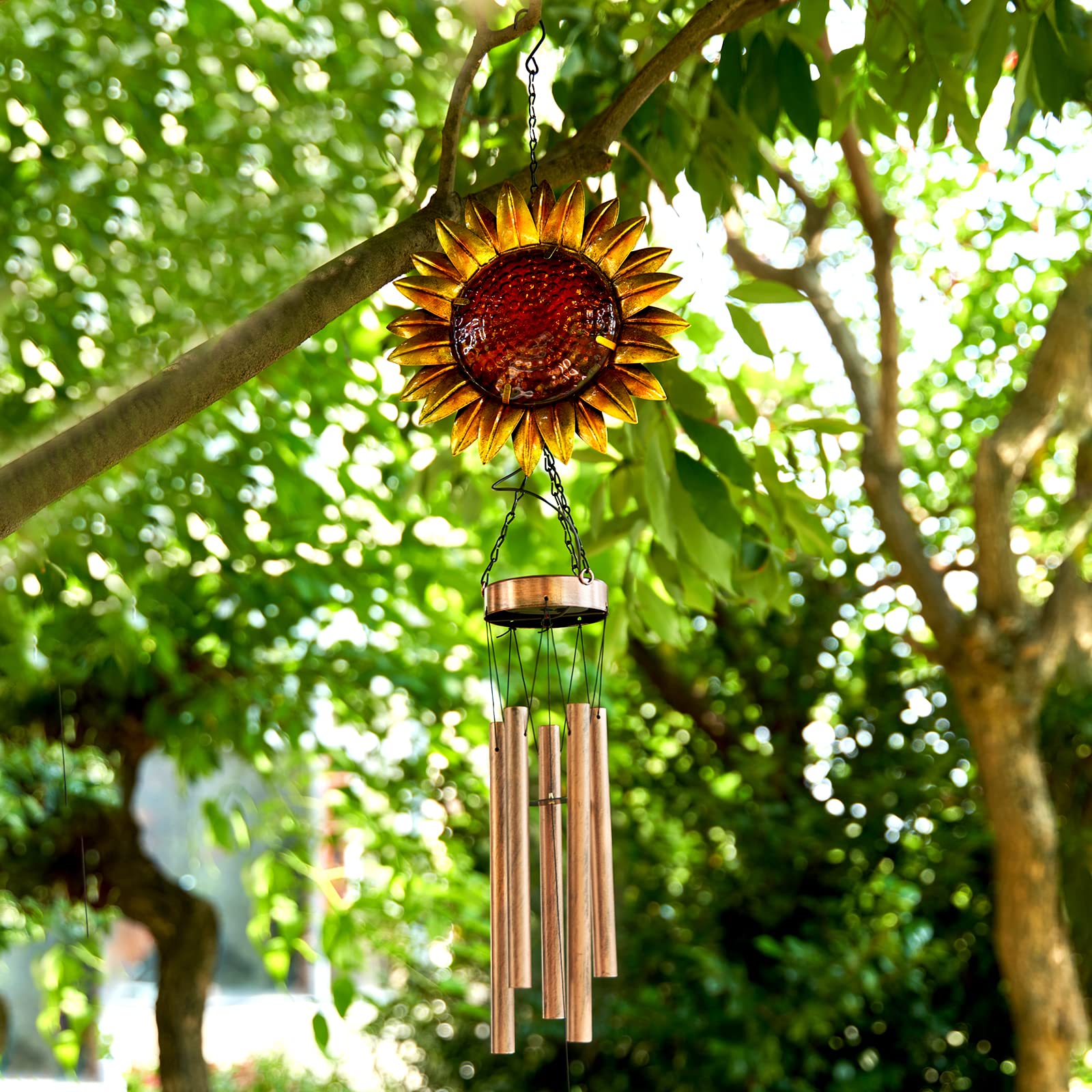 Solar Powered LED Sunflower Wind Chimes - Waterproof Outdoor Hanging Decor with Warm Lights for Garden, Patio, Lawn - Unique Gift for Wife, Mom, Grandma & Neighbors - Perfect for Evening Relaxation & Backyard Ambiance