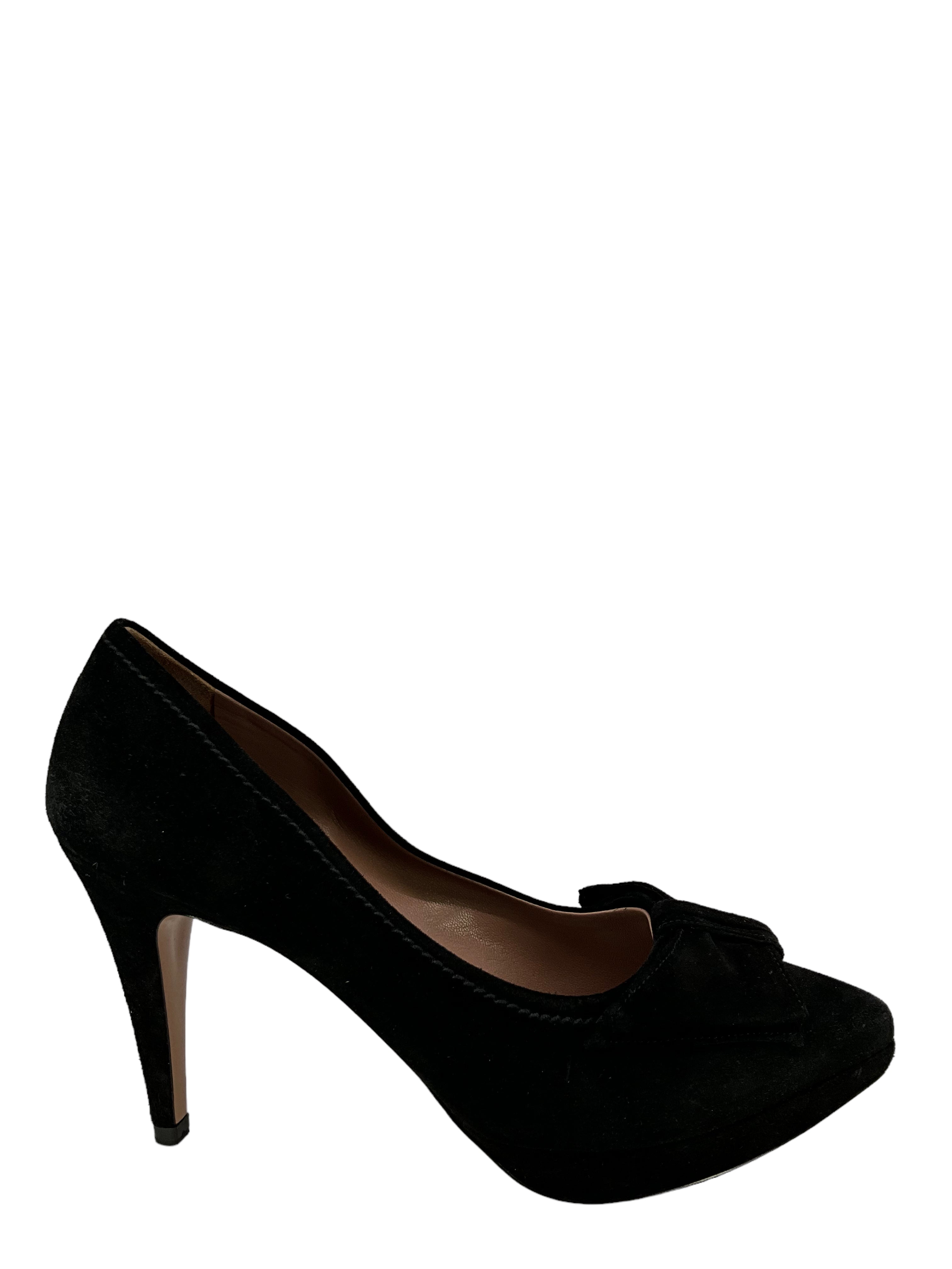 Prada Black Suede Platform Pumps with Bow - Women's Size 8.5 US | Luxury High Heel Dress Shoes for Weddings, Parties & Formal Events