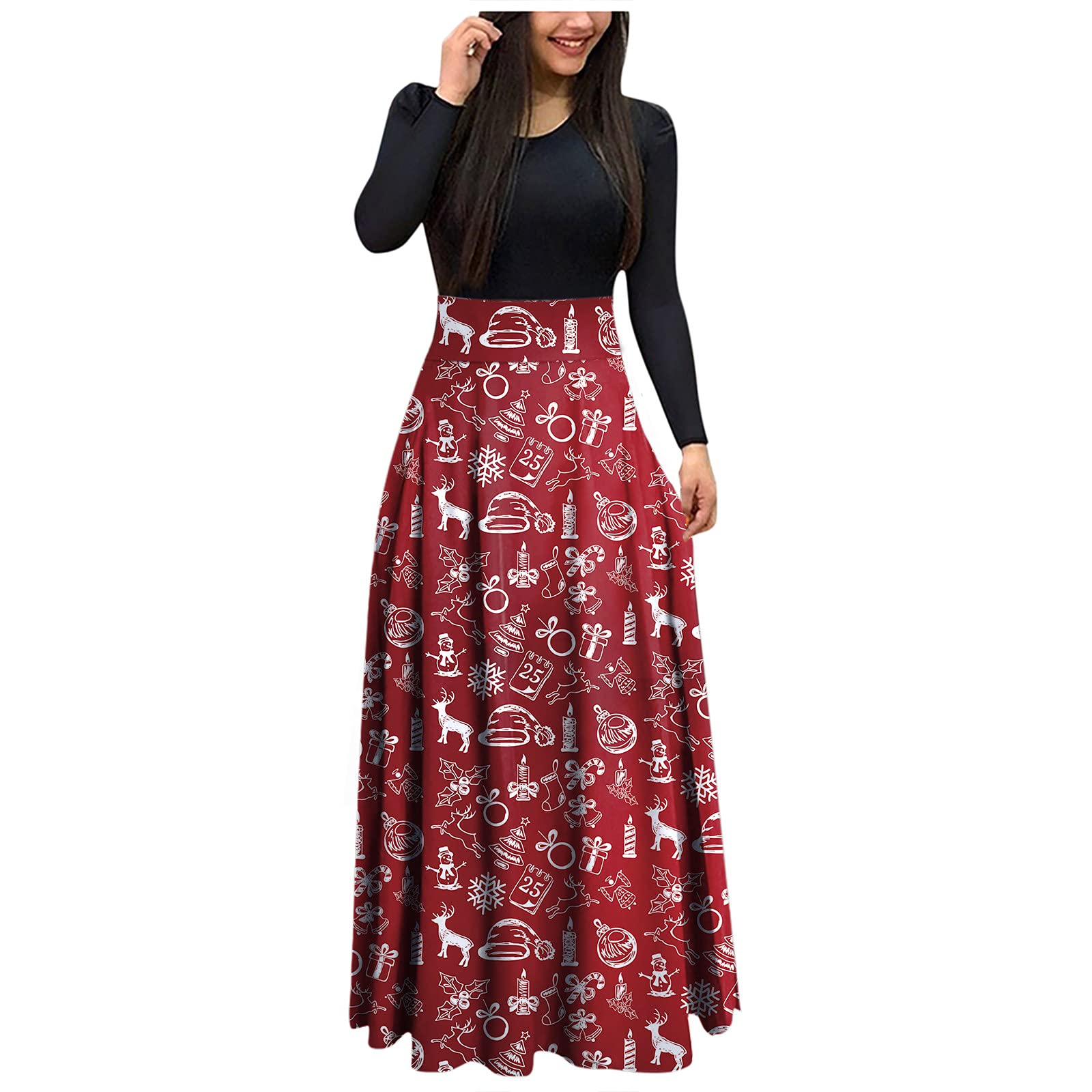 Elegant Long Evening Dress for Women - Flowy Maxi Dress with Waist Accent, Casual High Print Design, Round Neck & Sleeve - Perfect for Christmas Parties, Weddings & Special Occasions