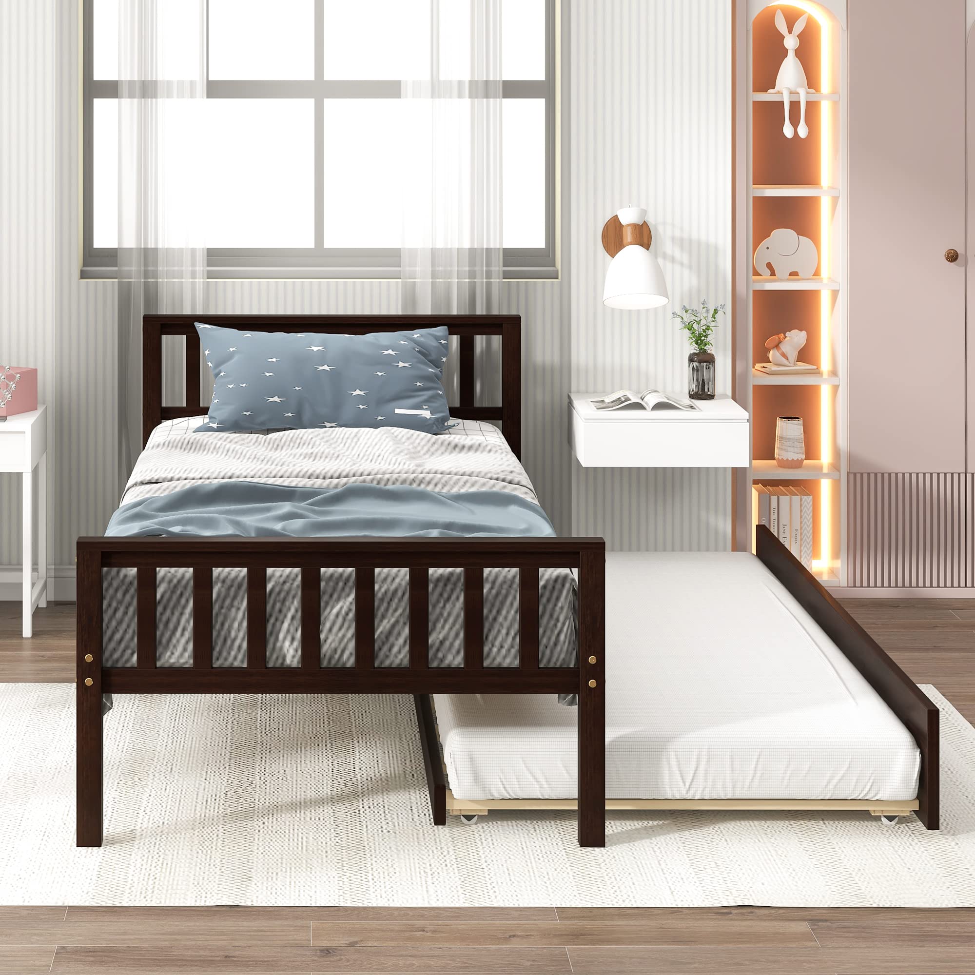 Twin Platform Bed Frame with Trundle - Solid Pine Wood Daybed with Headboard & Footboard - Sturdy 10-Slat Support (No Box Spring Needed) - Espresso Finish - Perfect for Kids' Room, Guest Bedroom or Small Space Solution