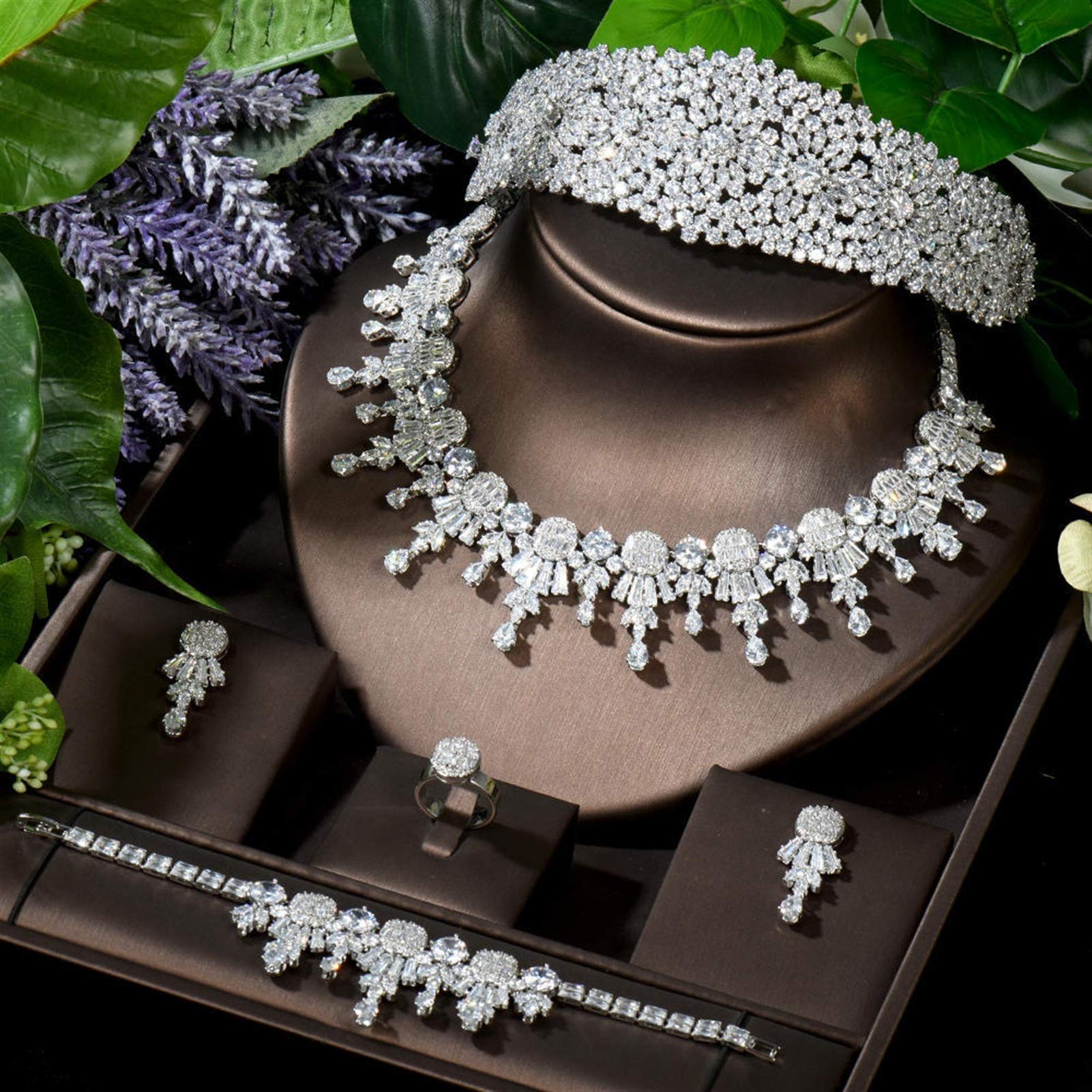 WJCRYPD 5-Piece White Gold Bridal Jewelry Set - Necklace & Earrings for Women, Engagement, Wedding, Party Accessories | Perfect for Bridal Showers, Anniversaries & Formal Events (Color: White)