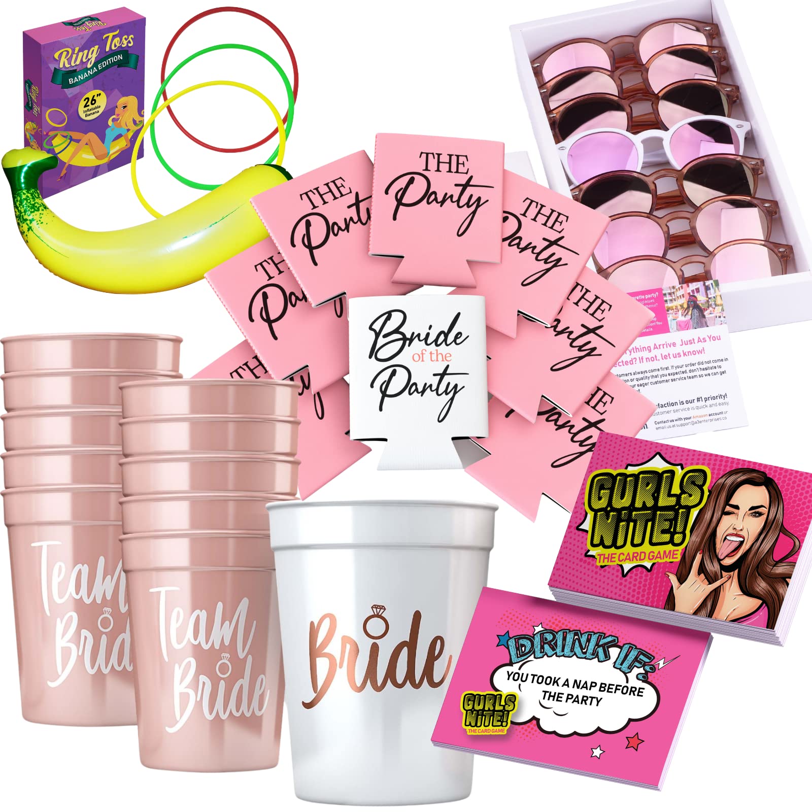 Ultimate Bachelorette Party Supplies Kit (5-Piece Set) - Bridal Shower Cups, Fun Bachelorette Games, Stylish Party Sunglasses & Insulated Drink Coozies - Perfect for Girls Night Out & Wedding Celebrations