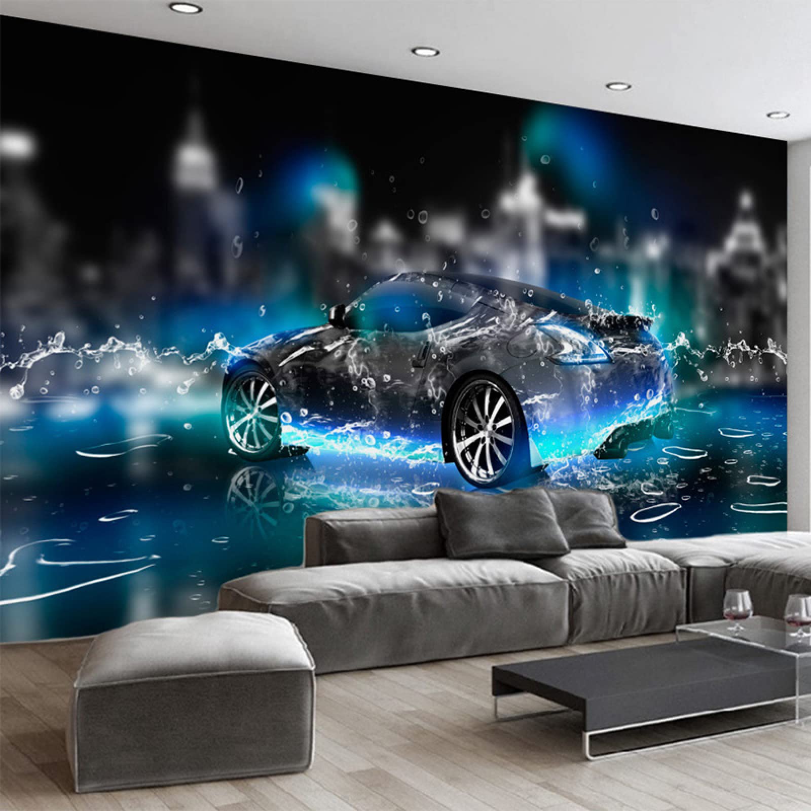 3D Modern Water Droplets Cool Sports Car Wall Mural - 157.5W x 110.3H Inch Photo Wallpaper for Living Room, Kids Bedroom & Nursery - Perfect for Boys' Room Decor, Teenager Bedroom & Game Room Wall Art