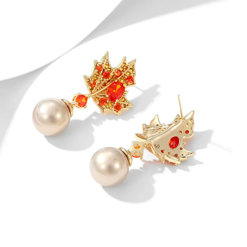 Shiny Crystal Cubic Zirconia Maple Leaf Pearl Earrings for Women | Bridal Wedding Jewelry Accessories | Perfect for Bridal Shower, Anniversary Gifts & Special Occasions LYH069