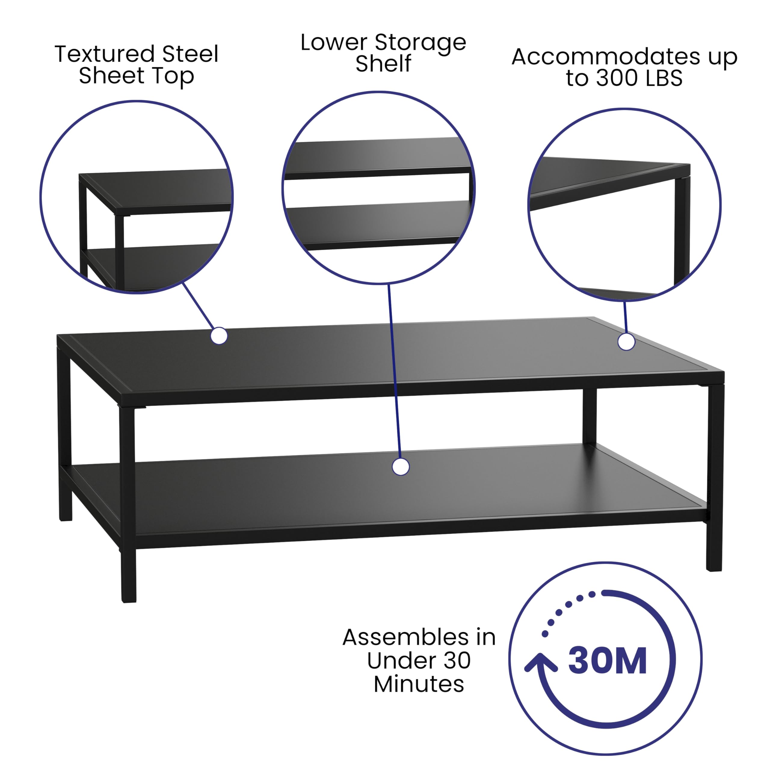 Black Steel Indoor/Outdoor Coffee Table with Lower Shelf - Modern Square Leg Frame for Living Room, Patio, Office or Restaurant - Durable Metal Side Table for Home & Commercial Use