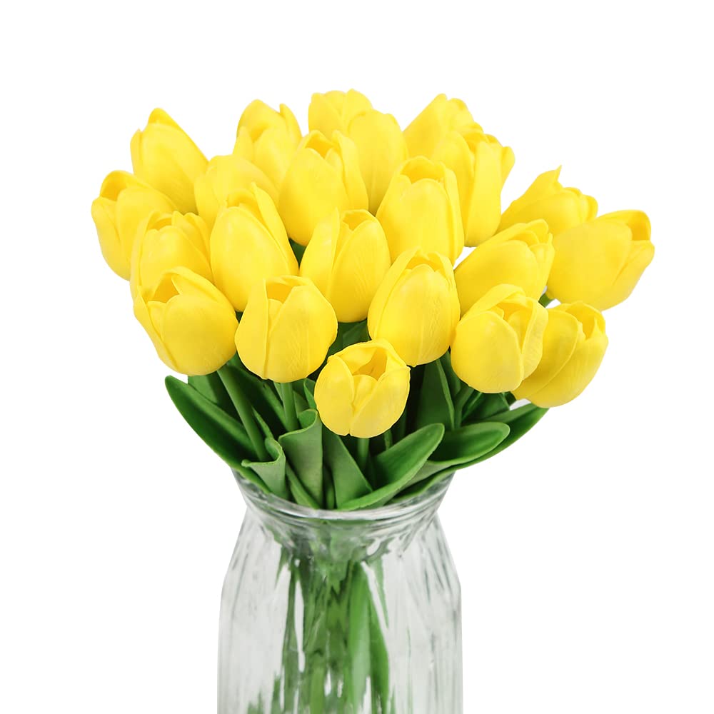 24PCS Real Touch Artificial Yellow Tulips - Lifelike Fake Flowers for Home Decor, Wedding Arrangements, Office & Table Centerpieces - IPOPU Faux Tulips (Yellow)