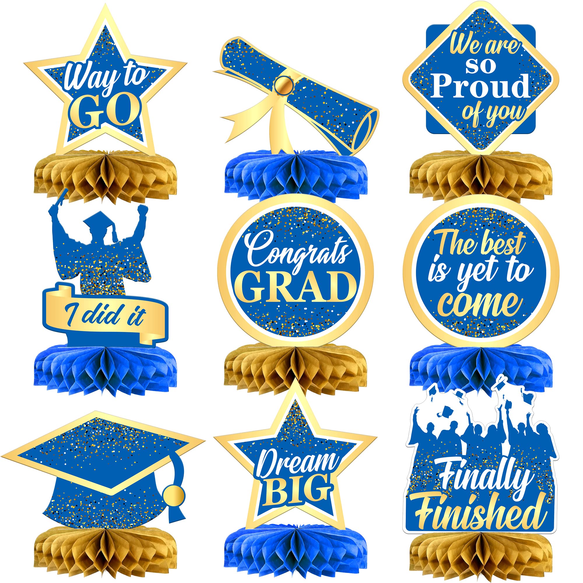 KatchOn 2025 Graduation Centerpieces - Pack of 9 Blue & Gold Honeycomb Decor for Tables | Class of 2025 Party Decorations | Perfect for Graduation Ceremonies, Banquets & Photo Backdrops