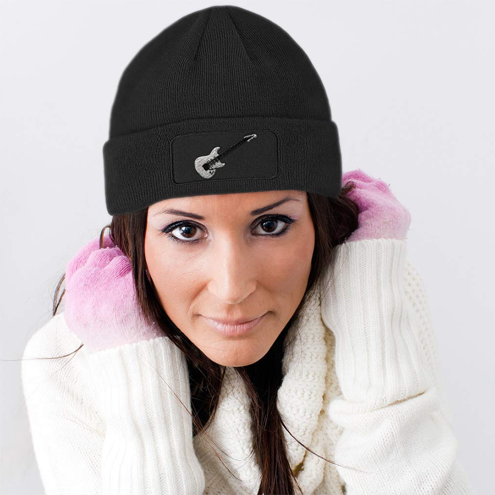 Custom Patch Beanie Hat with Electric Guitar White Embroidery - Acrylic Knit Winter Beanie for Musicians & Rock Fans - Perfect for Concerts, Gifts & Cold Weather