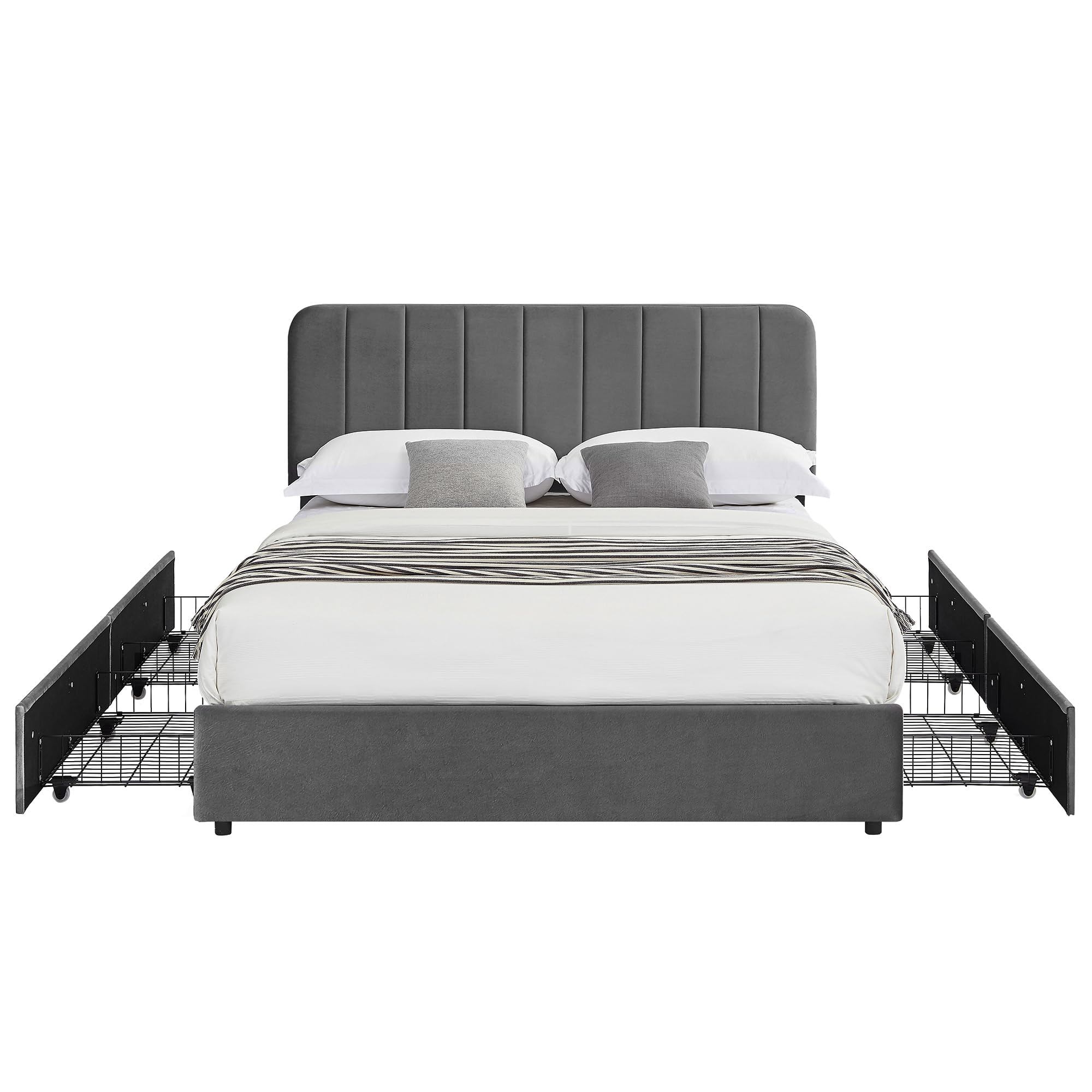 VECELO Queen Size Upholstered Bed Frame with 4 Storage Drawers & Adjustable Headboard - Velvet Platform Bed Frame with Wooden Slats Support, No Box Spring Needed - Dark Grey Luxury Bed for Master Bedroom or Guest Room