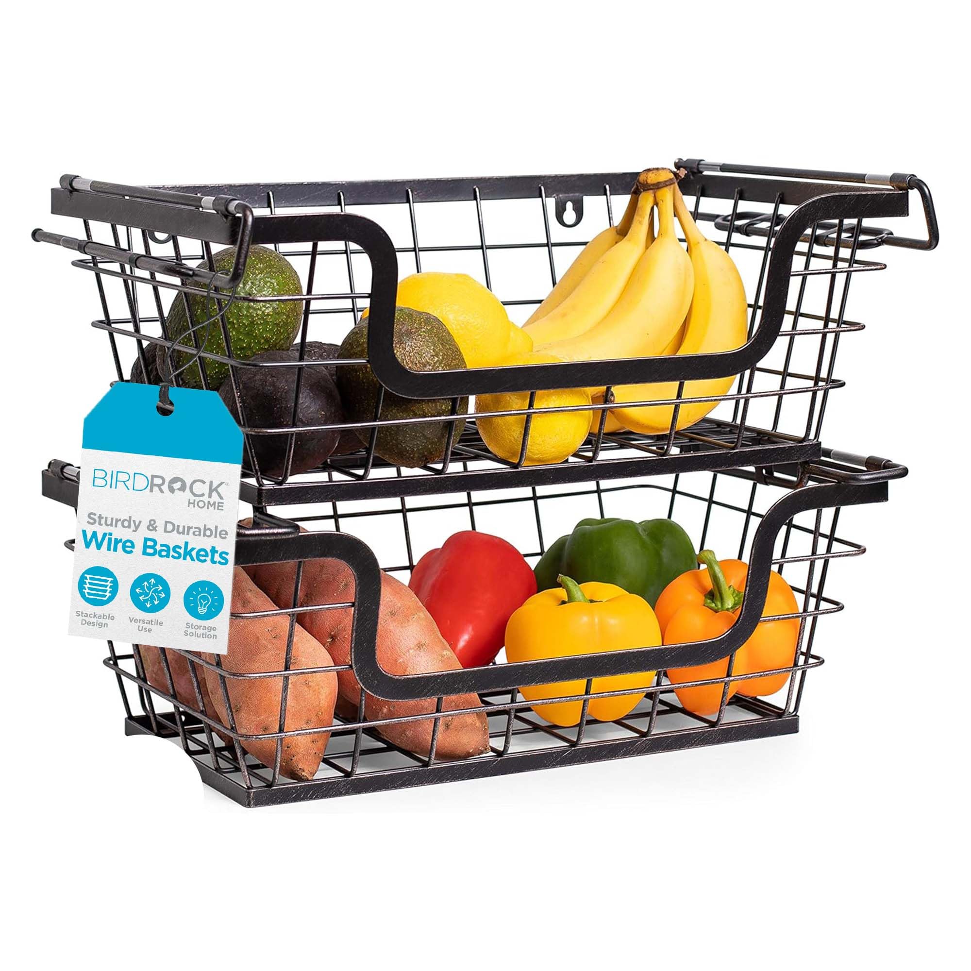 BIRDROCK HOME Set of 2 Stackable Metal Wire Baskets - Wall Mounted Hanging Storage Bins for Kitchen Pantry Organization - Perfect for Storing Potatoes, Onions, Fruits & Vegetables - Space Saving Cabinet & Countertop Storage Solution for Home & Office Use