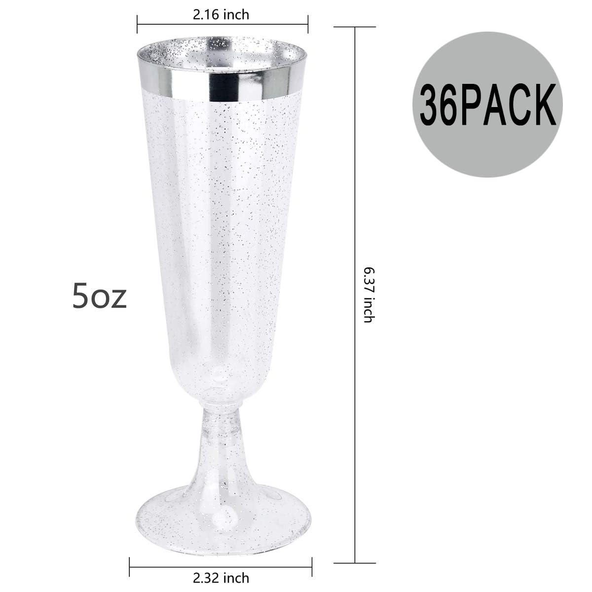 36-Piece Silver Plastic Champagne Flutes - 6oz Glitter Disposable Cups with Silver Rim for Weddings, Parties & Celebrations - Elegant & Shatterproof Drinkware for Toasts, Receptions & Special Events