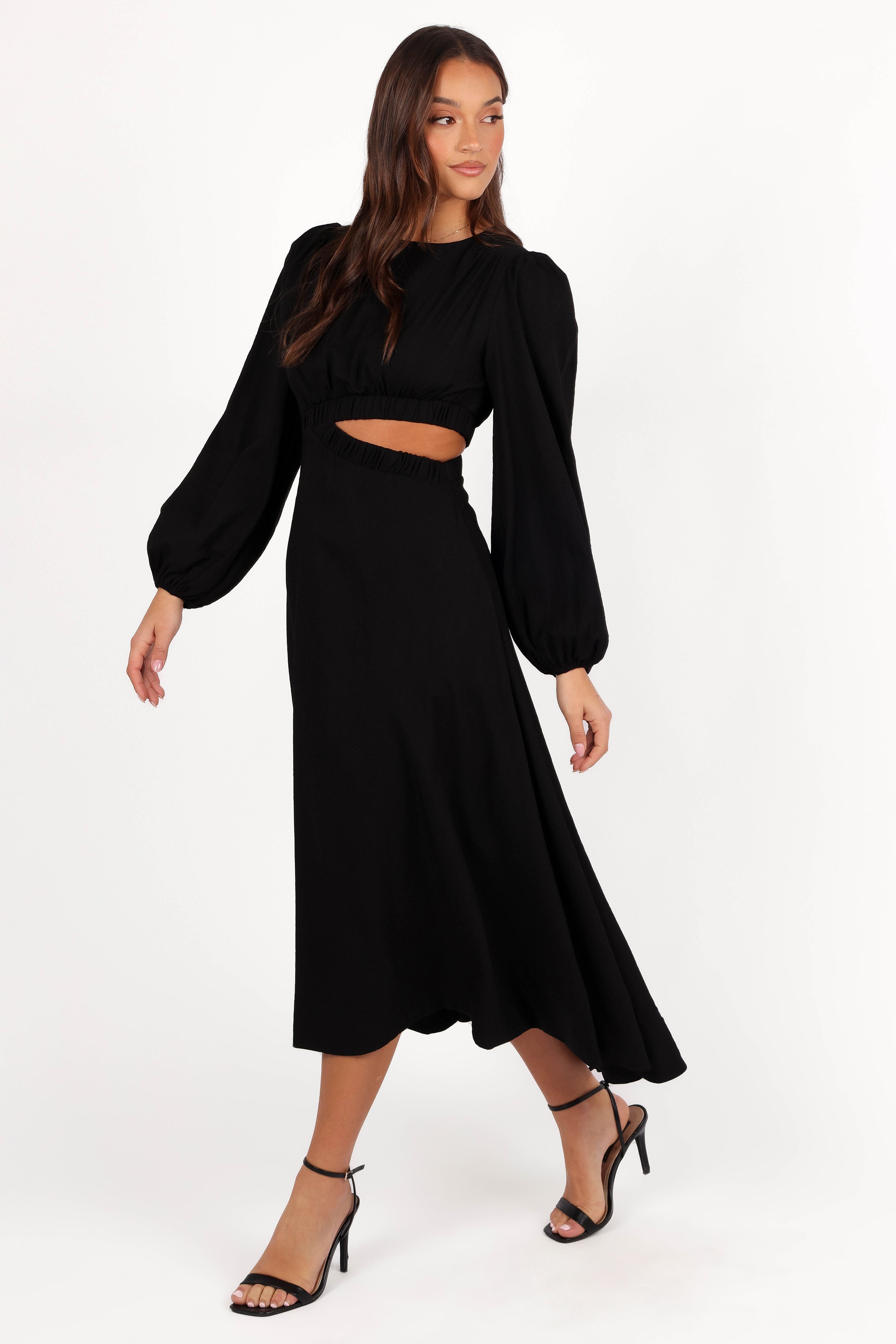 Ginnee Women's Puff Sleeve Cutout Midi Dress - Elegant Black Party Dress for Cocktail, Wedding & Evening Events