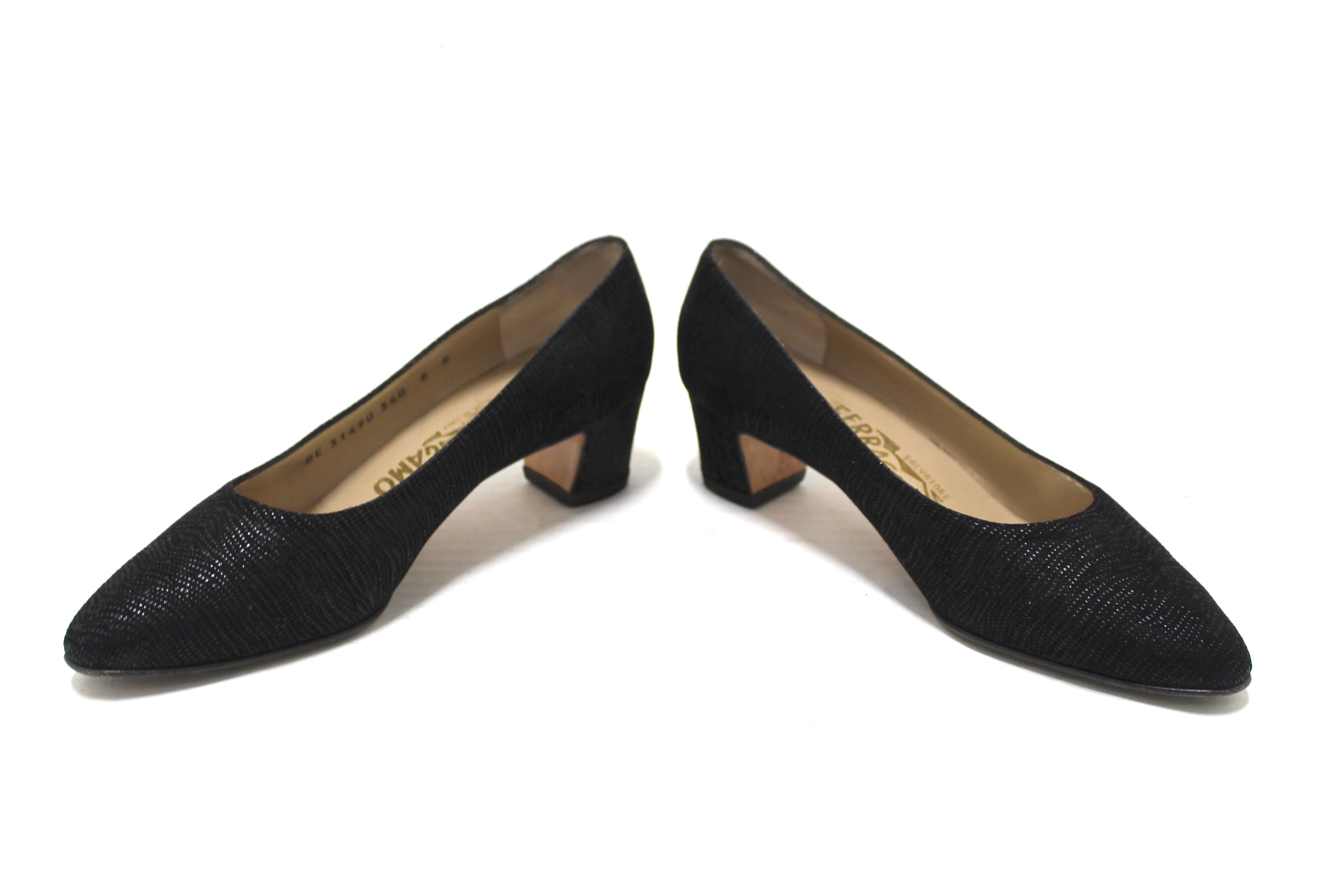 Authentic Salvatore Ferragamo Black Embossed Suede Leather Kitten Heel Pumps - Women's Size 6 B (US) - Perfect for Office, Parties & Special Occasions