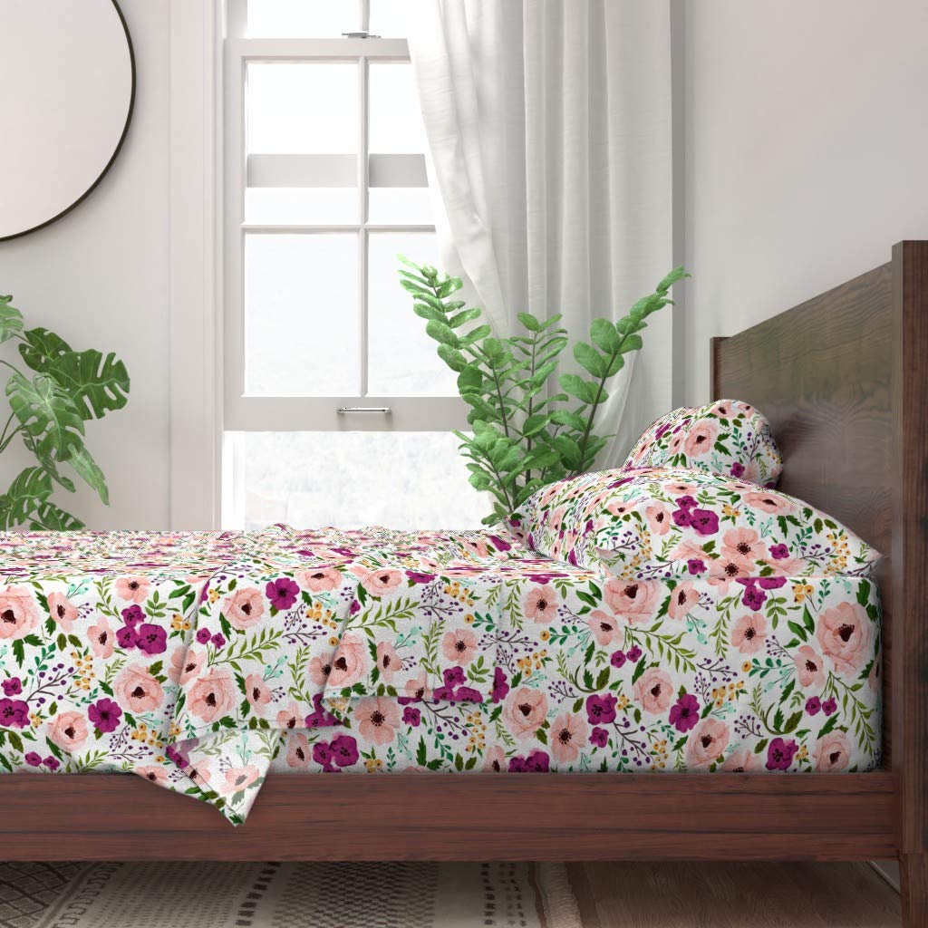 100% Cotton Twin Sheet Set 3pc - Meadow Floral Raspberry Print, Botanical Watercolor Design, Purple Pink Cheater Quilt for Girls | Soft Breathable Bedding for Nursery, Kids Room & Dorm Decor