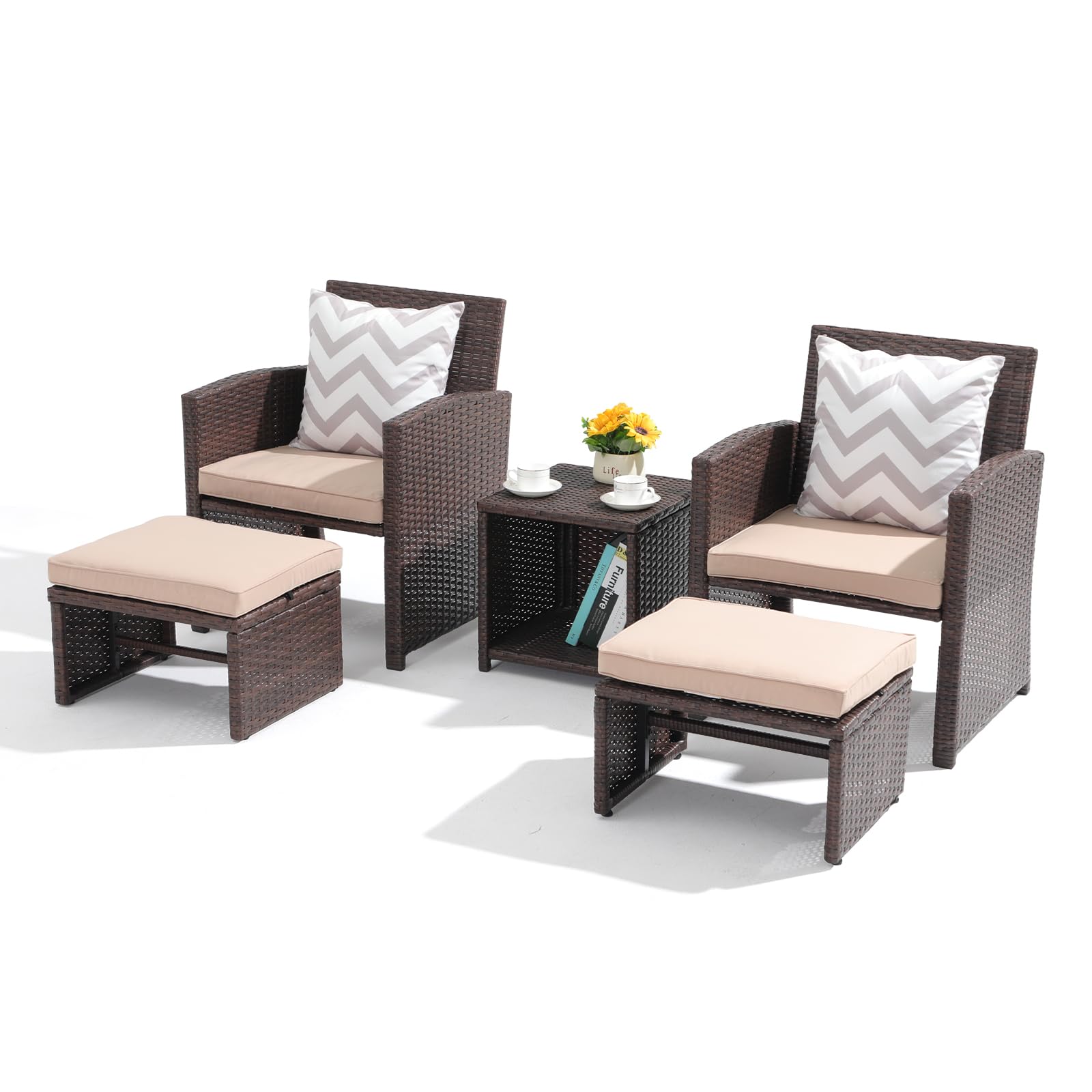 OC Orange-Casual 5-Piece Patio Conversation Set with Cushions - Brown Wicker Chairs, Ottoman & Storage Table - Outdoor Furniture for Backyard, Garden, Porch, Balcony - Perfect for Relaxing, Entertaining & Lounging in Your Outdoor Space